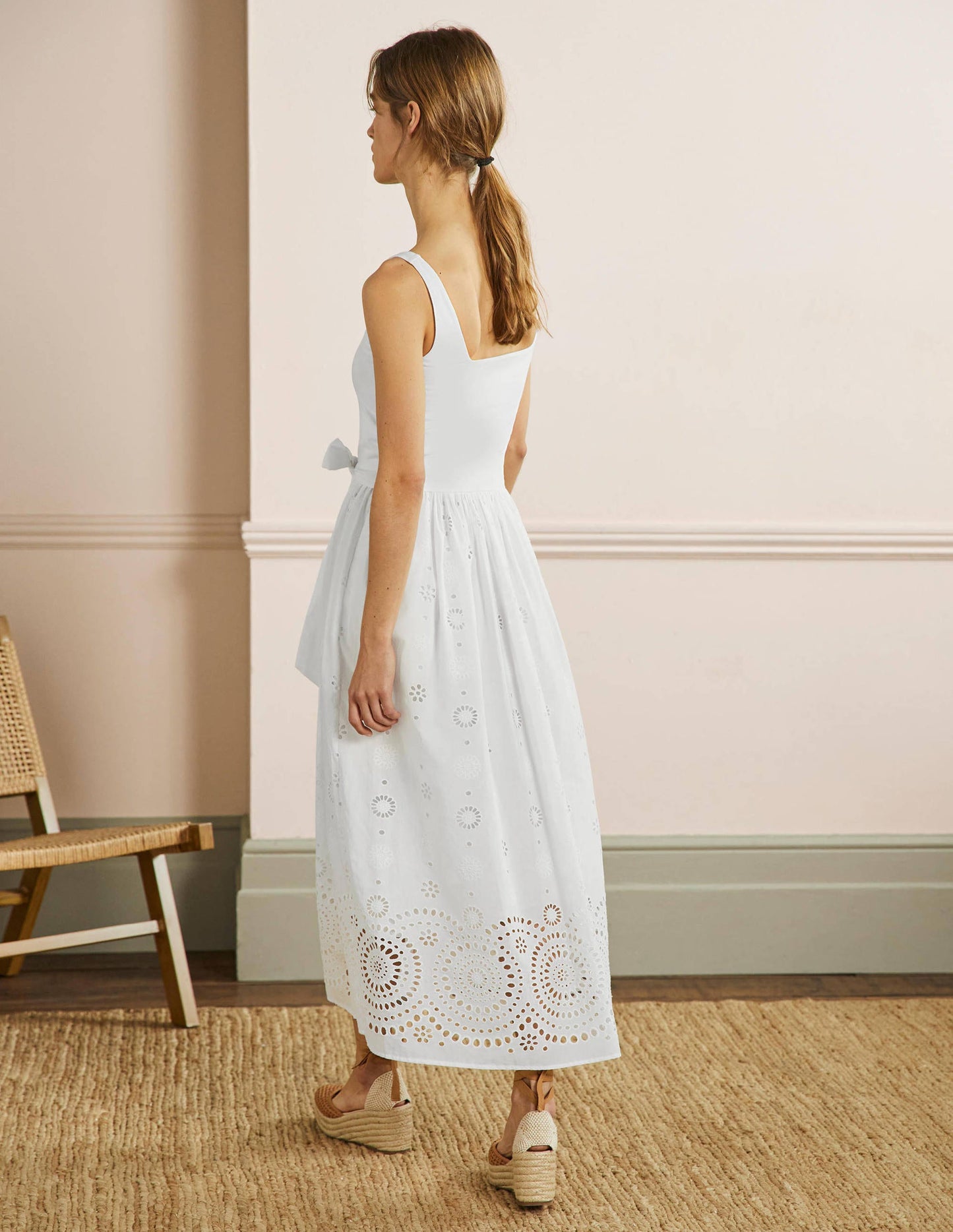 Broderie Mix Midi Dress-White