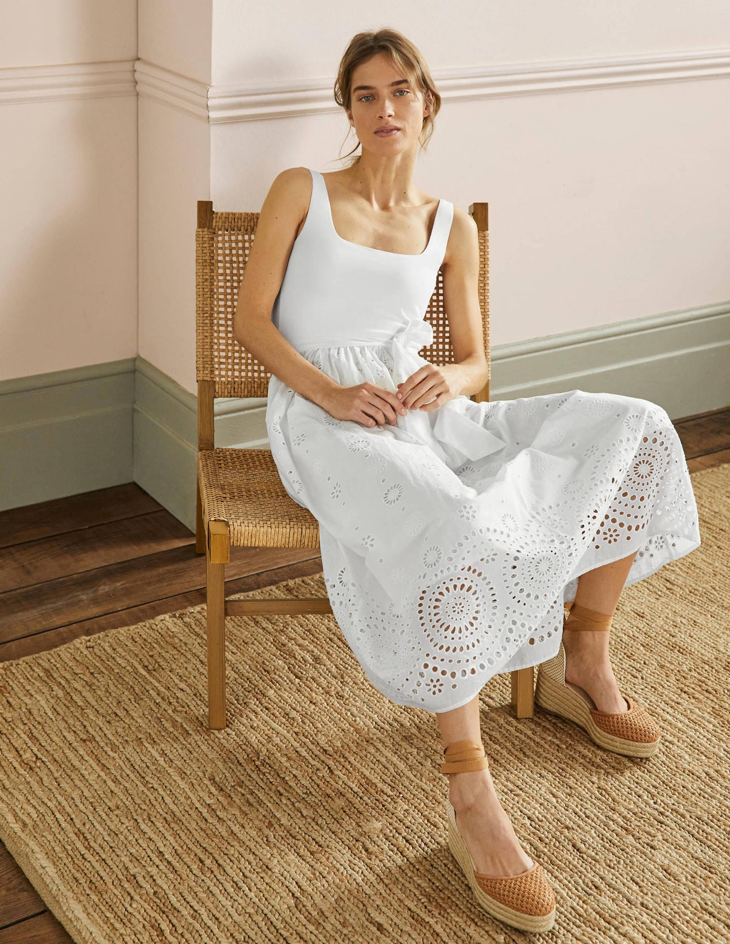 Broderie Mix Midi Dress-White