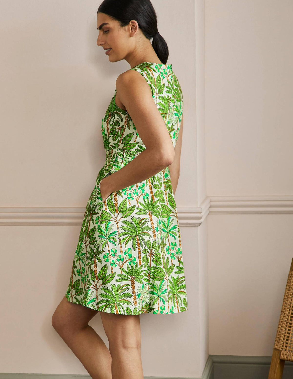 Smocked Waist Mini Dress-Green Tropical - Image 3
