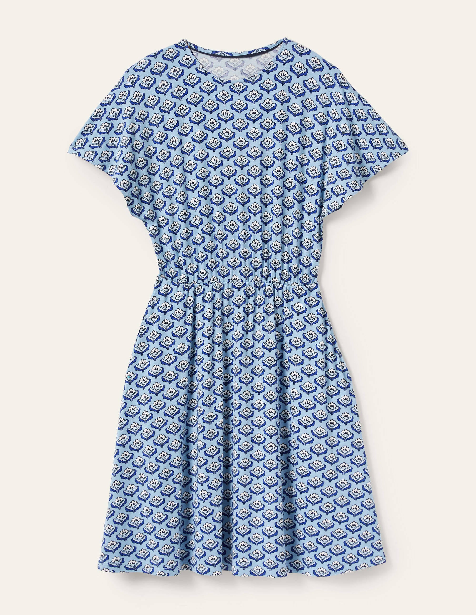 Flutter Sleeve Jersey Dress-Dusty Blue, Oriental Bud - Image 6