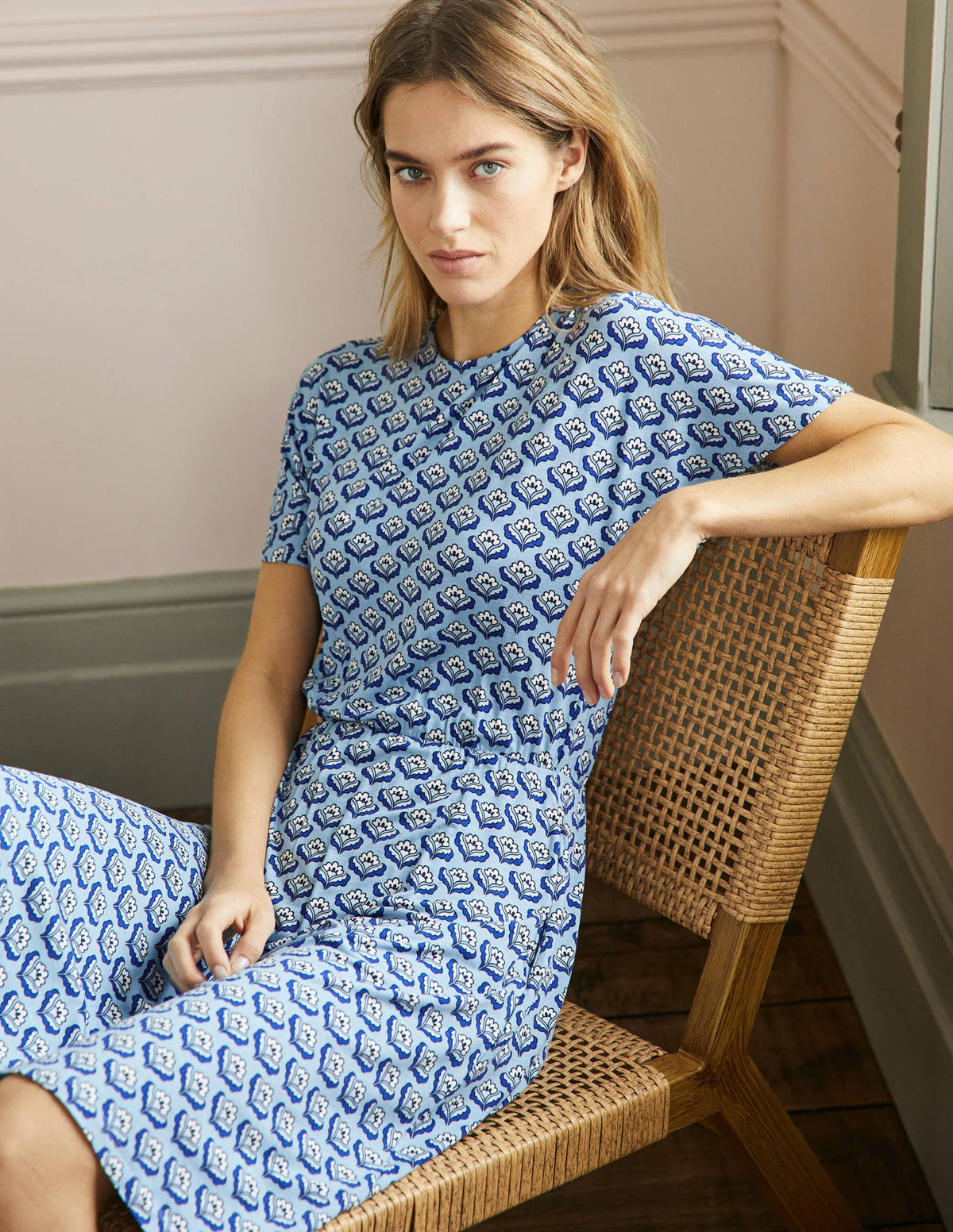 Flutter Sleeve Jersey Dress-Dusty Blue, Oriental Bud - Image 1
