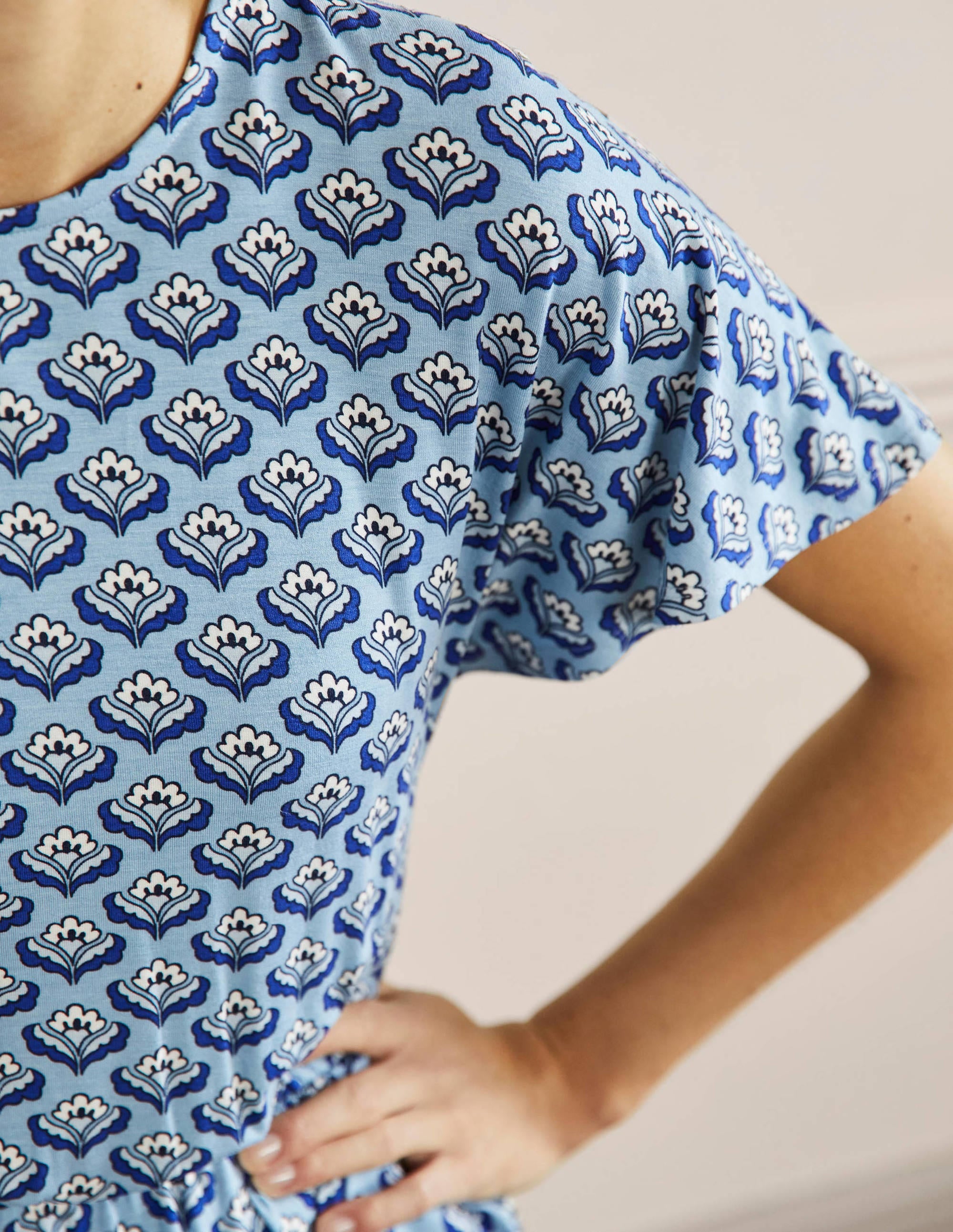 Flutter Sleeve Jersey Dress-Dusty Blue, Oriental Bud - Image 2