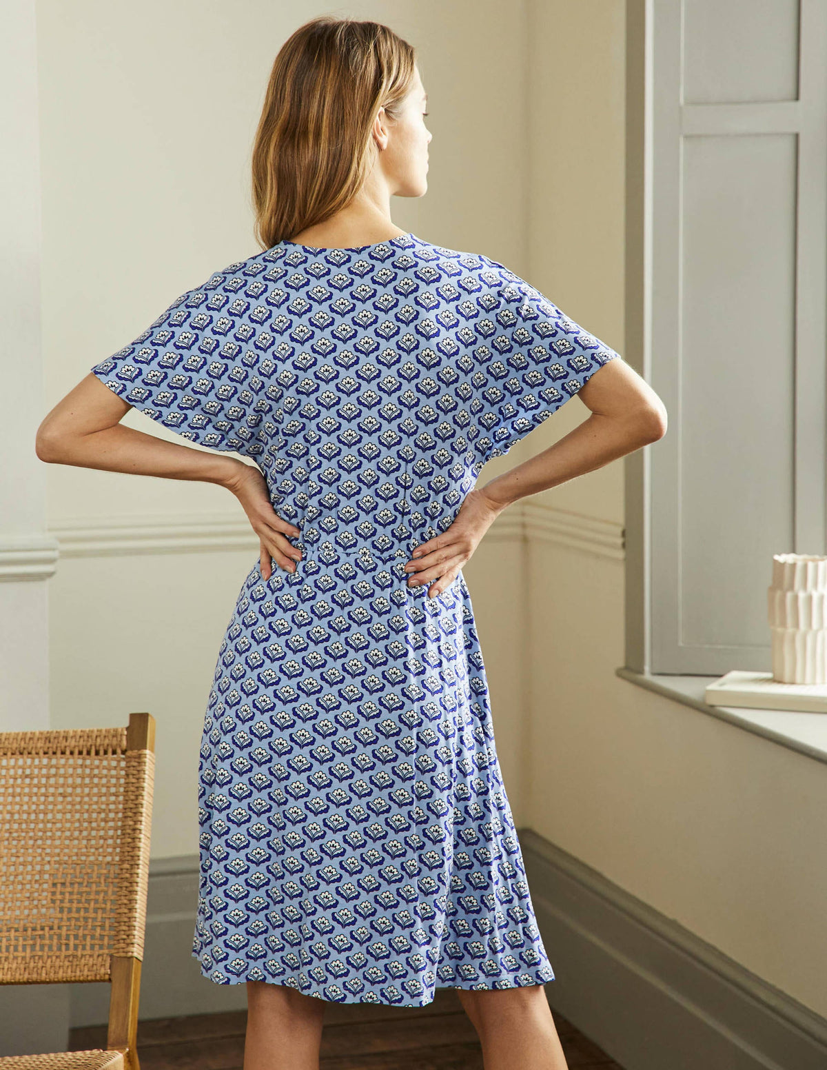 Flutter Sleeve Jersey Dress-Dusty Blue, Oriental Bud-3