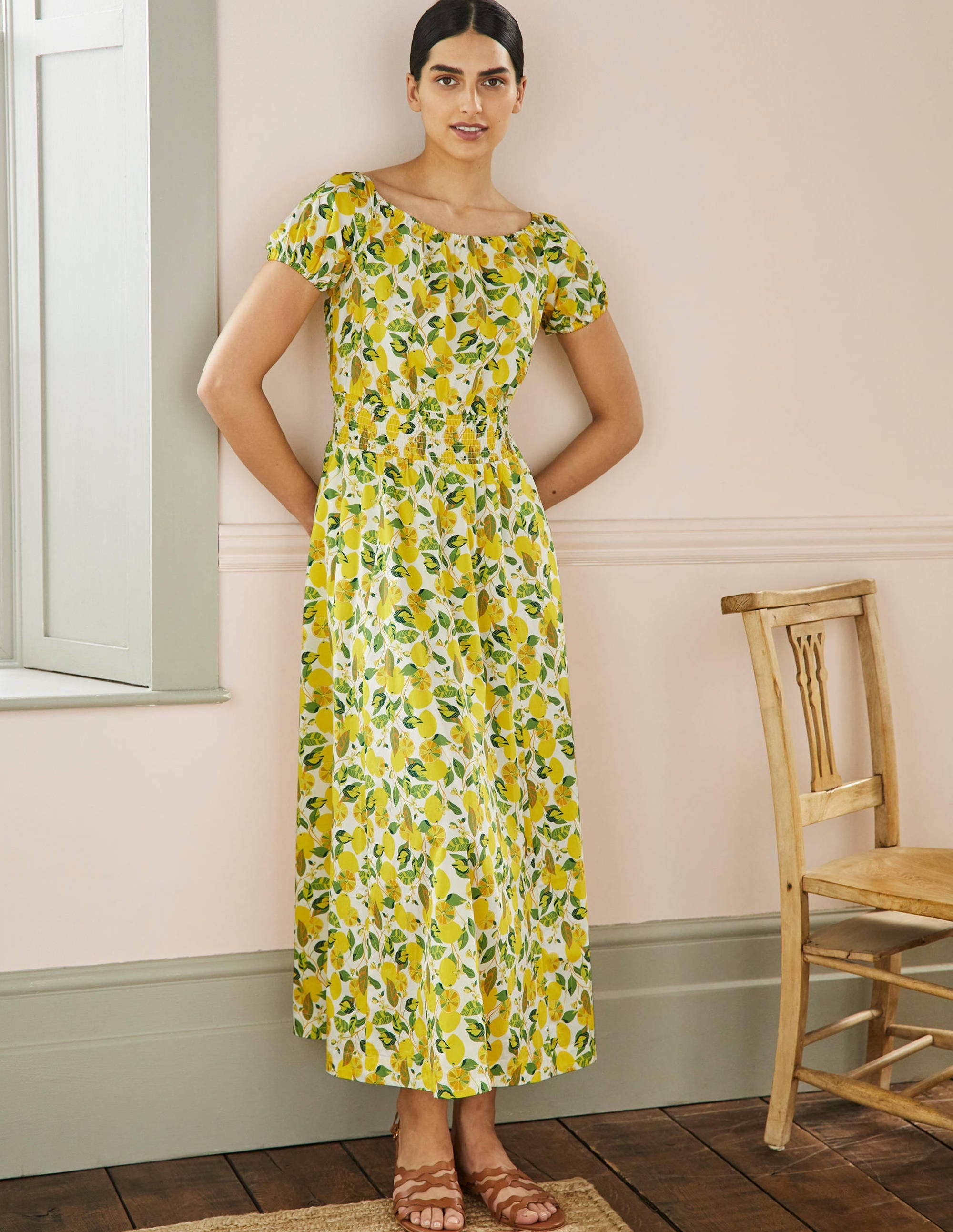 Scoop Neck Maxi Dress-Ivory and Yellow Lemon Vine - Image 1