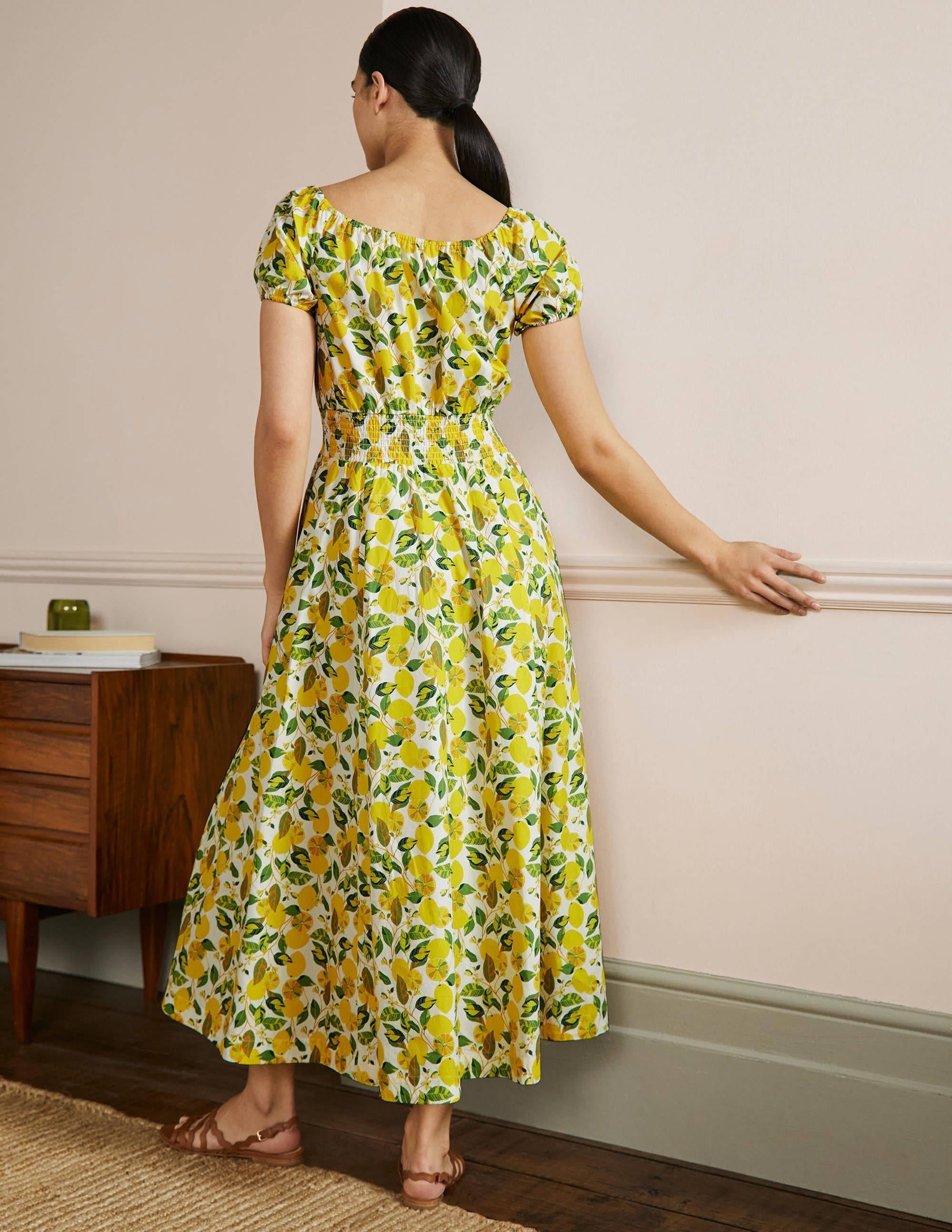 Scoop Neck Maxi Dress-Ivory and Yellow Lemon Vine - Image 3