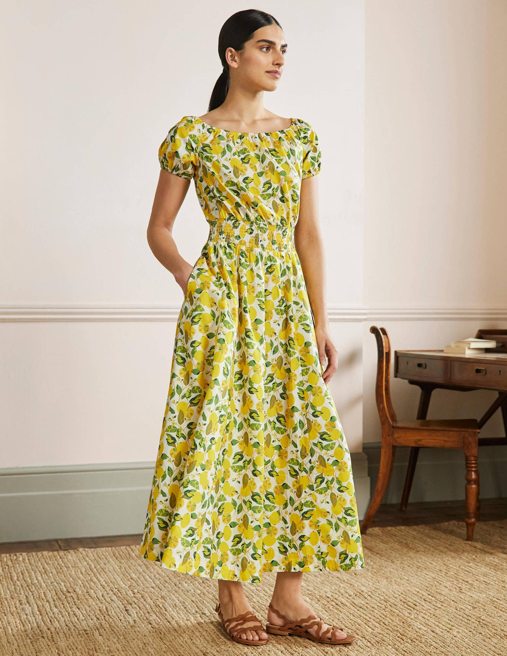Scoop Neck Maxi Dress-Ivory and Yellow Lemon Vine-4