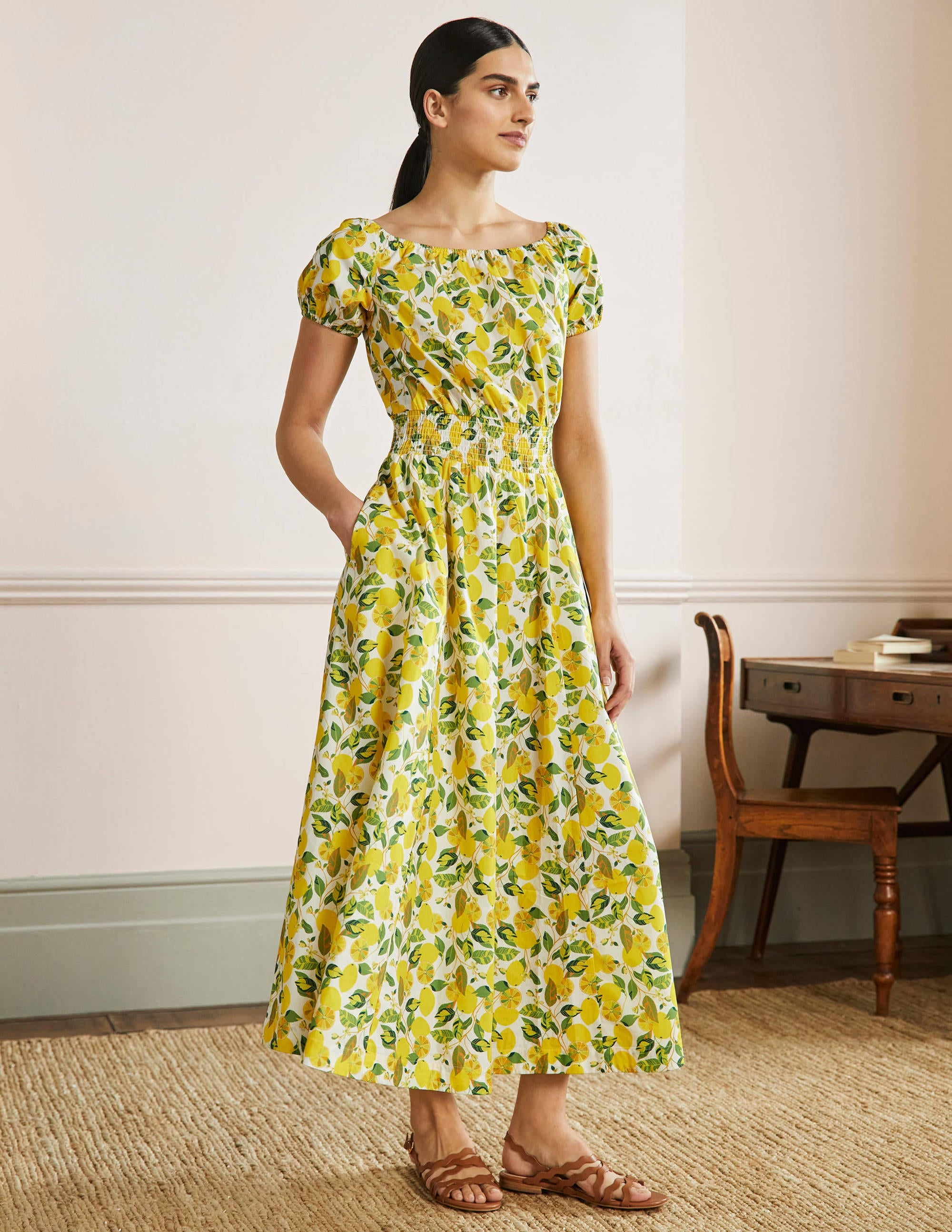Scoop Neck Maxi Dress-Ivory and Yellow Lemon Vine - Image 4