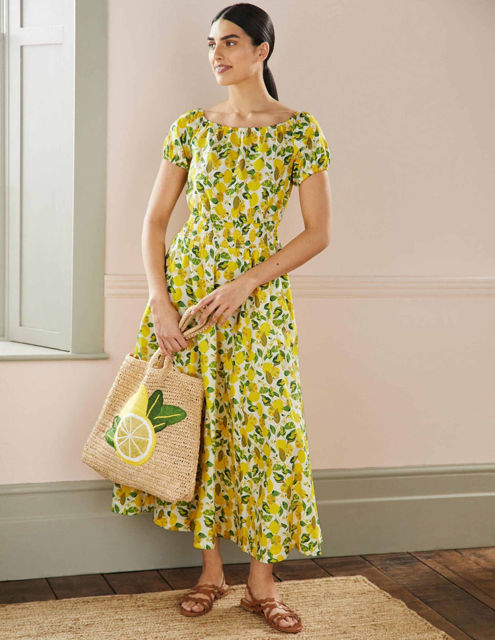 Scoop Neck Maxi Dress-Ivory and Yellow Lemon Vine-5
