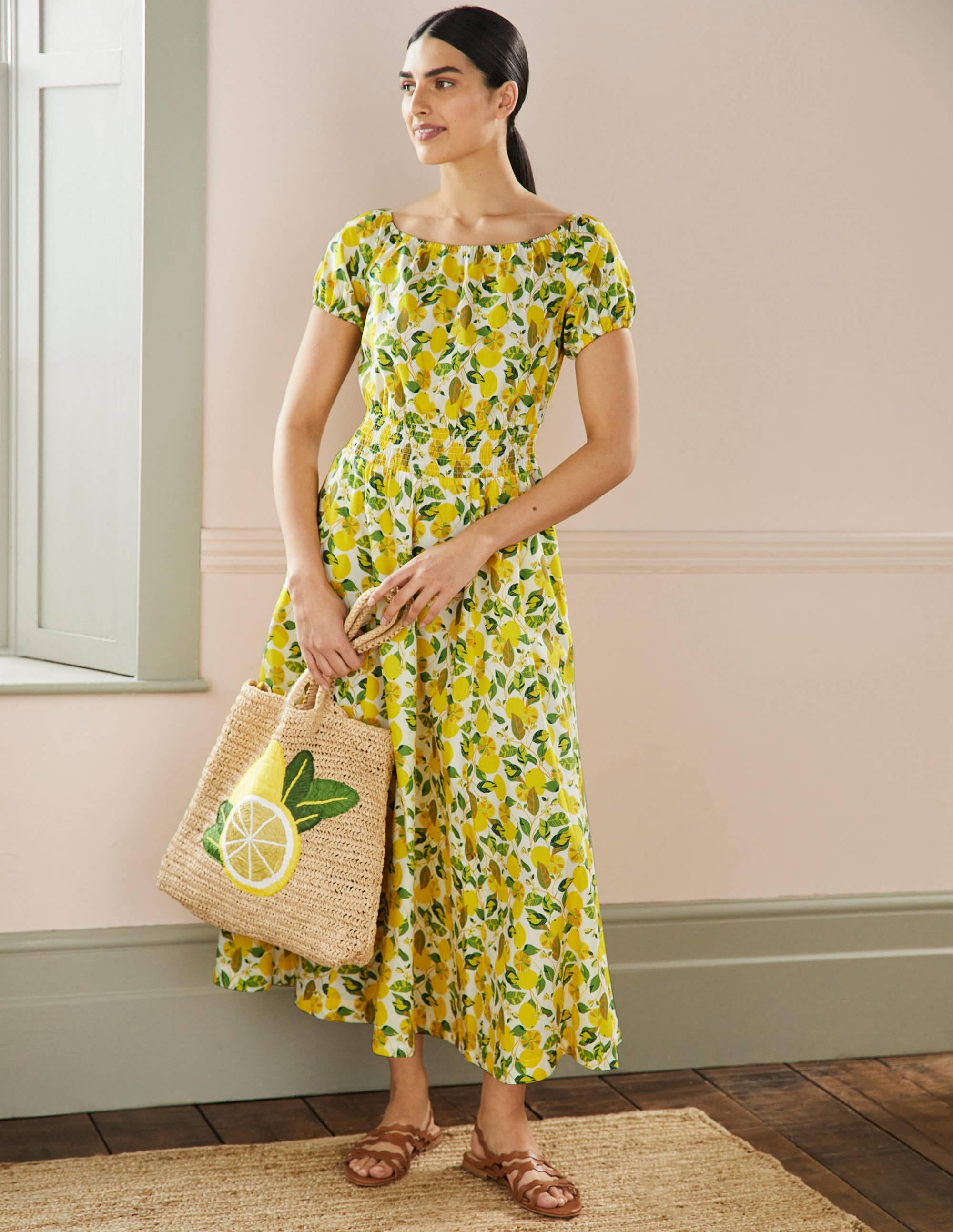 Scoop Neck Maxi Dress-Ivory and Yellow Lemon Vine - Image 5