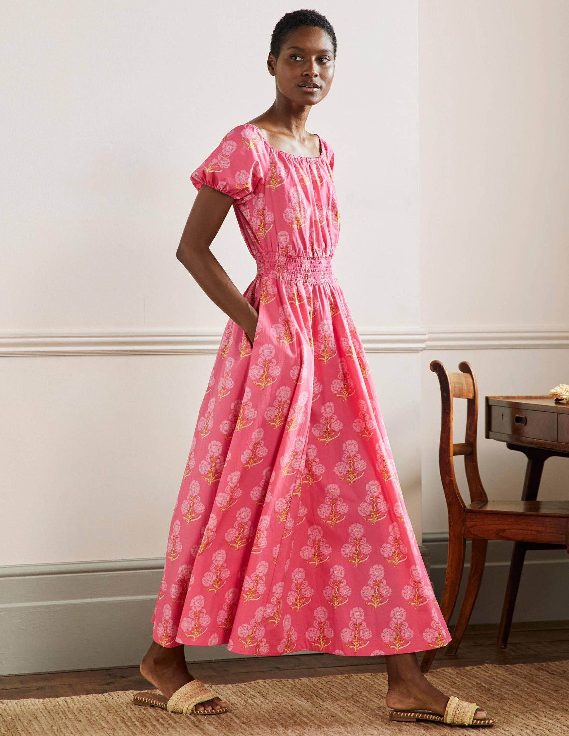 Scoop Neck Maxi Dress-Molly Mahon Flower Woodblock-1