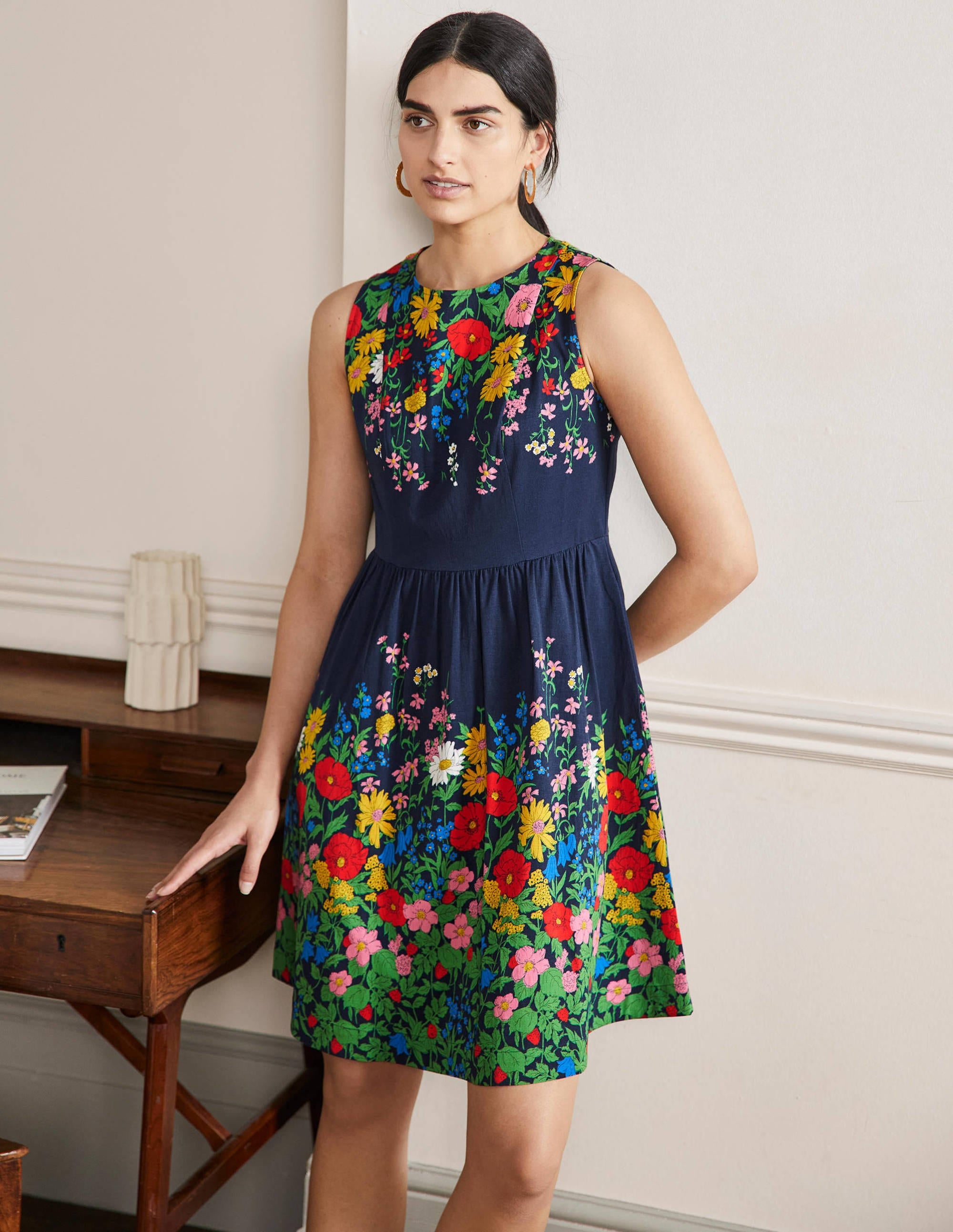 Tara Fit-and-Flare Dress-Navy, Botanical Terrace - Image 1