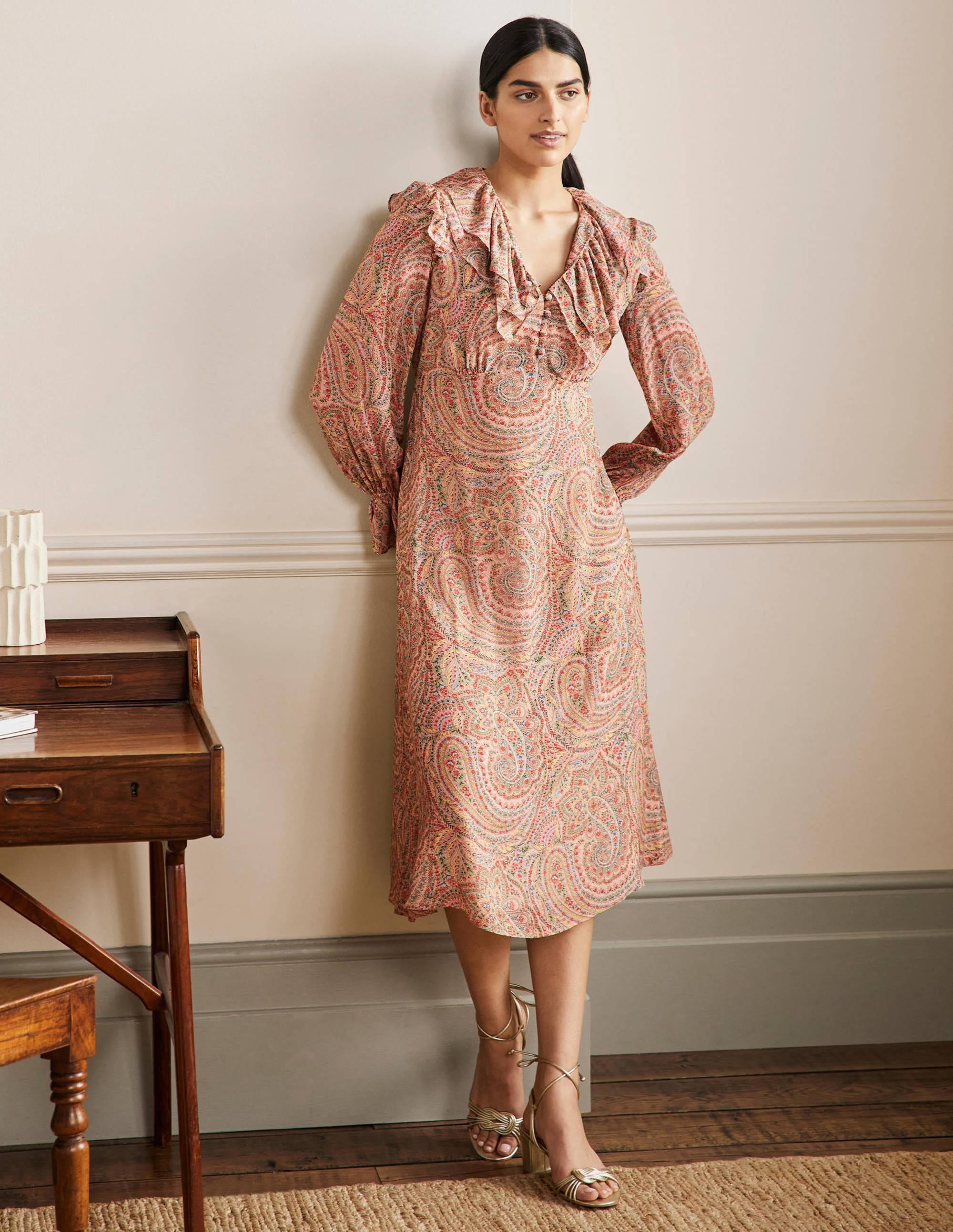 Lara Ruffle Detail Midi Dress-Milkshake, Flora Paisley - Image 1