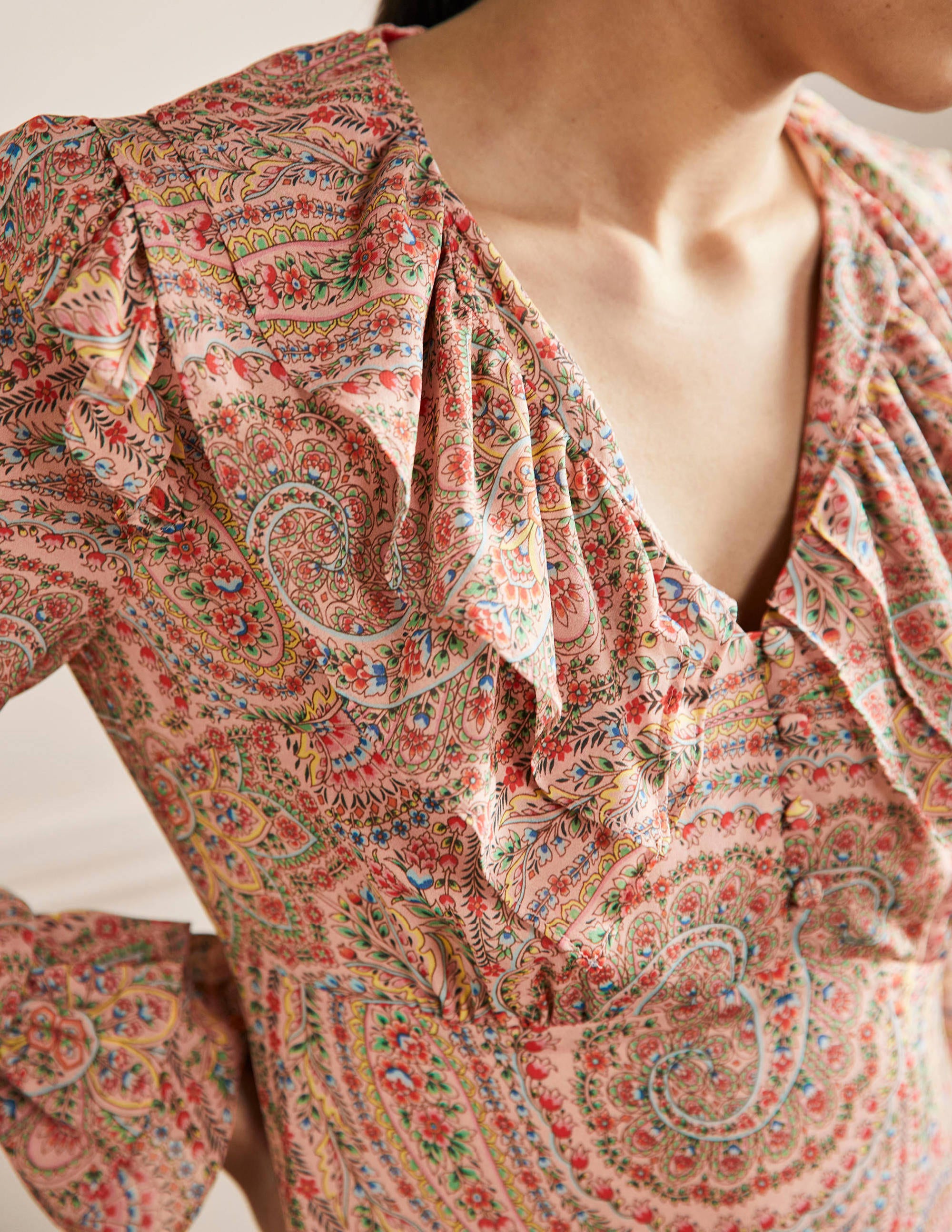 Lara Ruffle Detail Midi Dress-Milkshake, Flora Paisley - Image 2