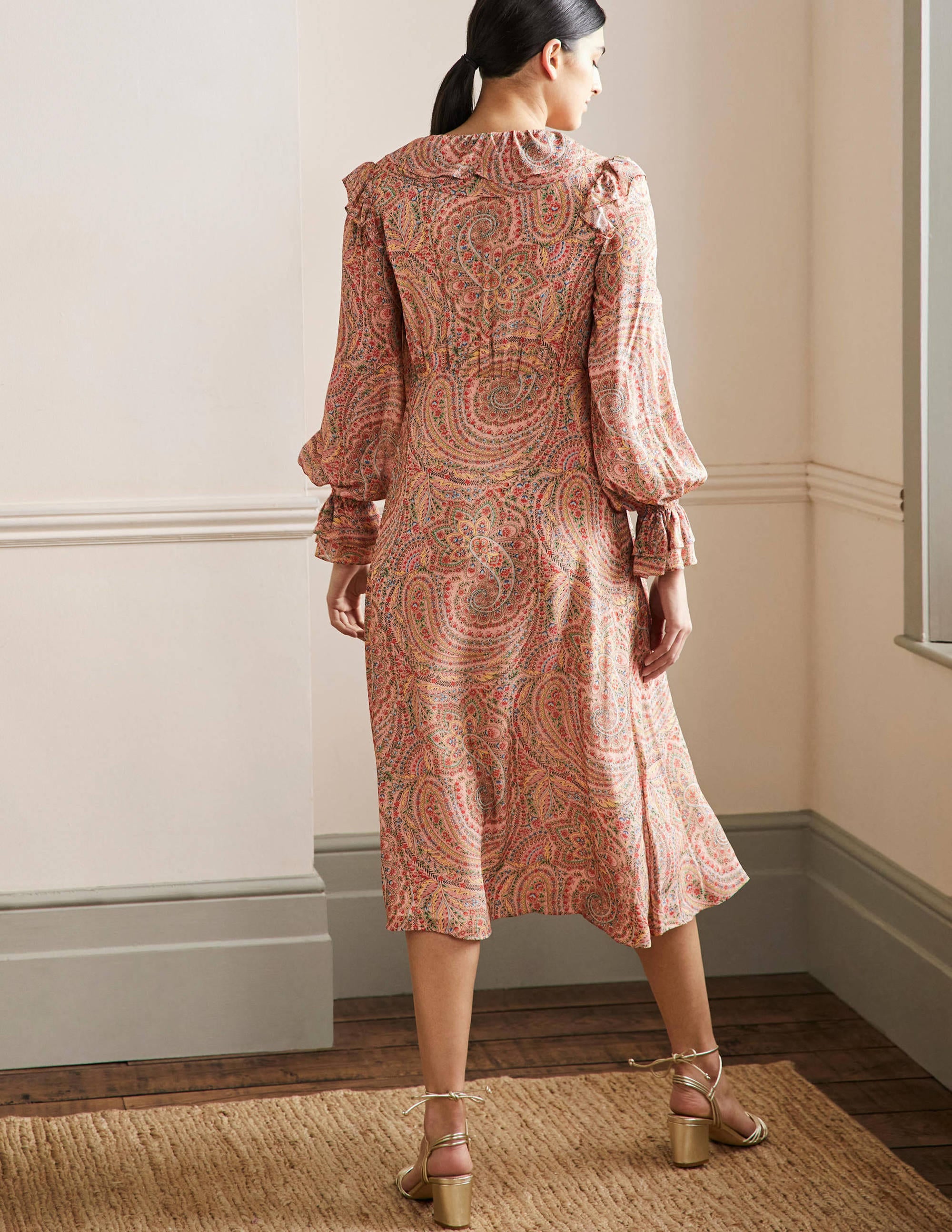 Lara Ruffle Detail Midi Dress-Milkshake, Flora Paisley - Image 3