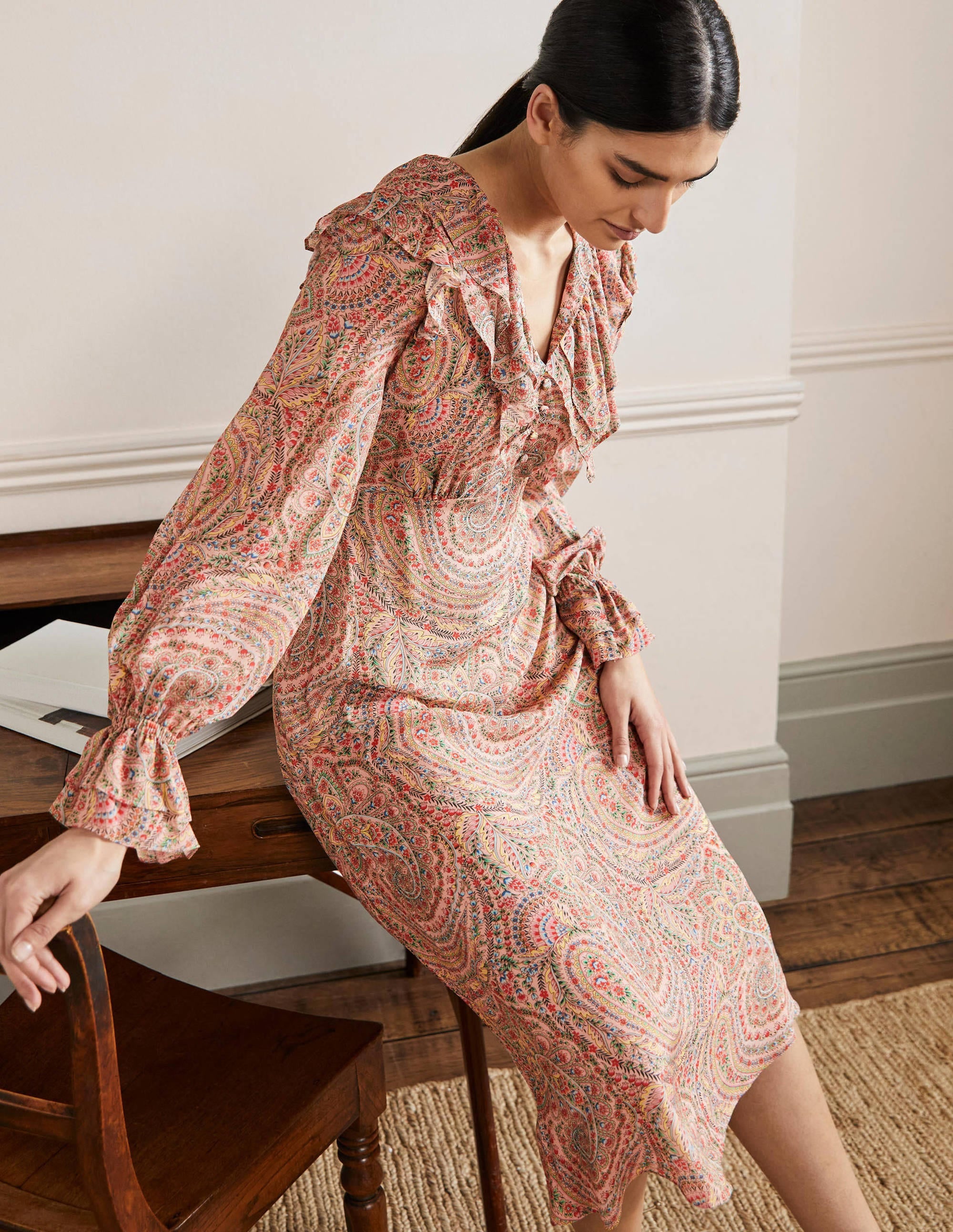 Lara Ruffle Detail Midi Dress-Milkshake, Flora Paisley - Image 4