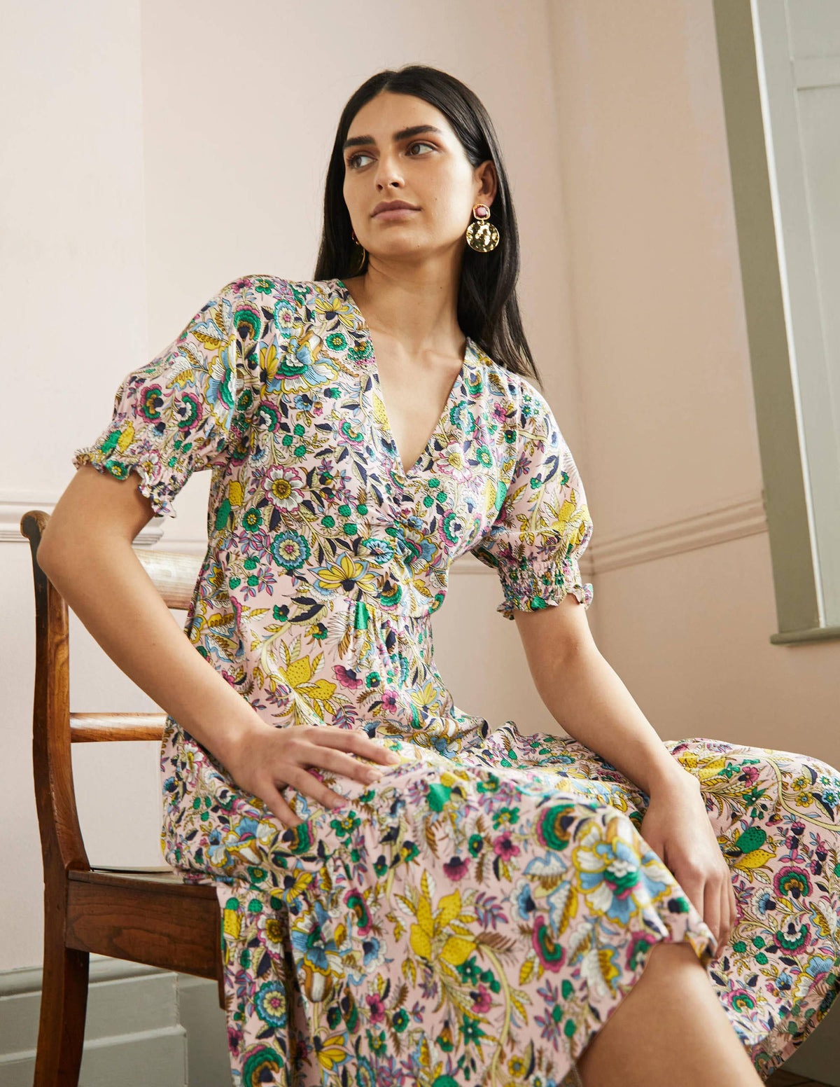 V-Neck Midi Tea Dress-Milkshake, Tropic Meadow-6