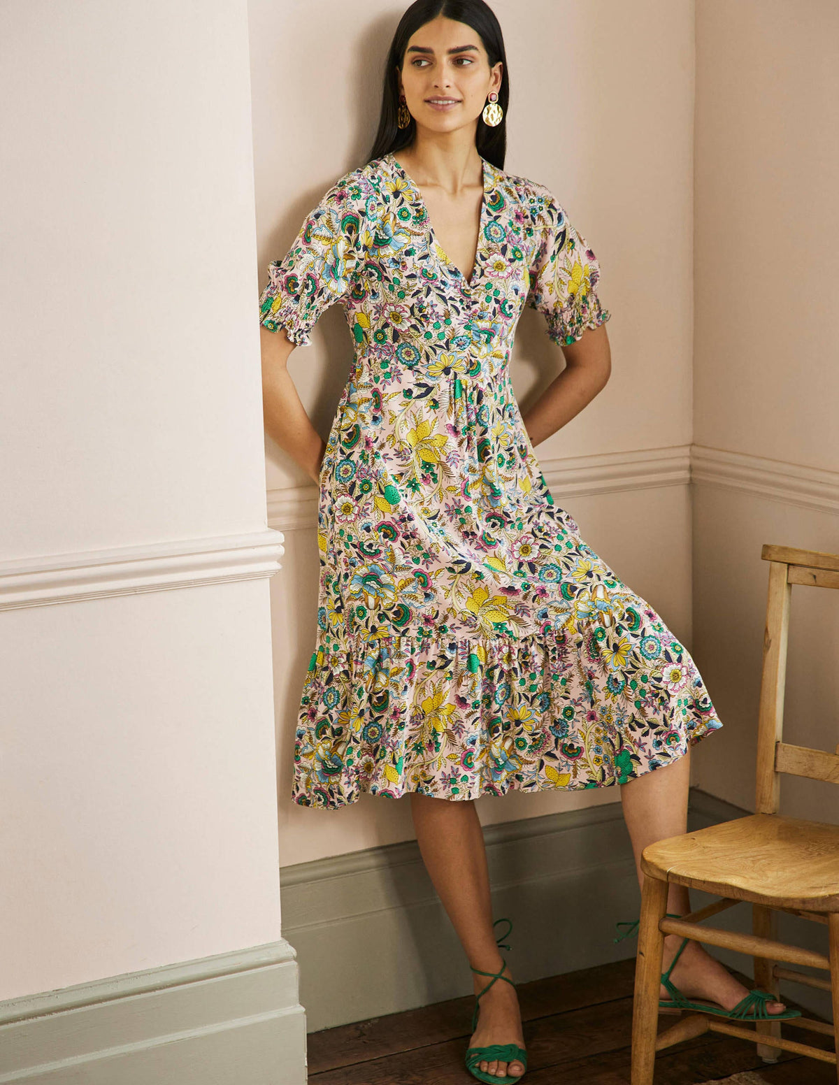 V-Neck Midi Tea Dress-Milkshake, Tropic Meadow - Image 1