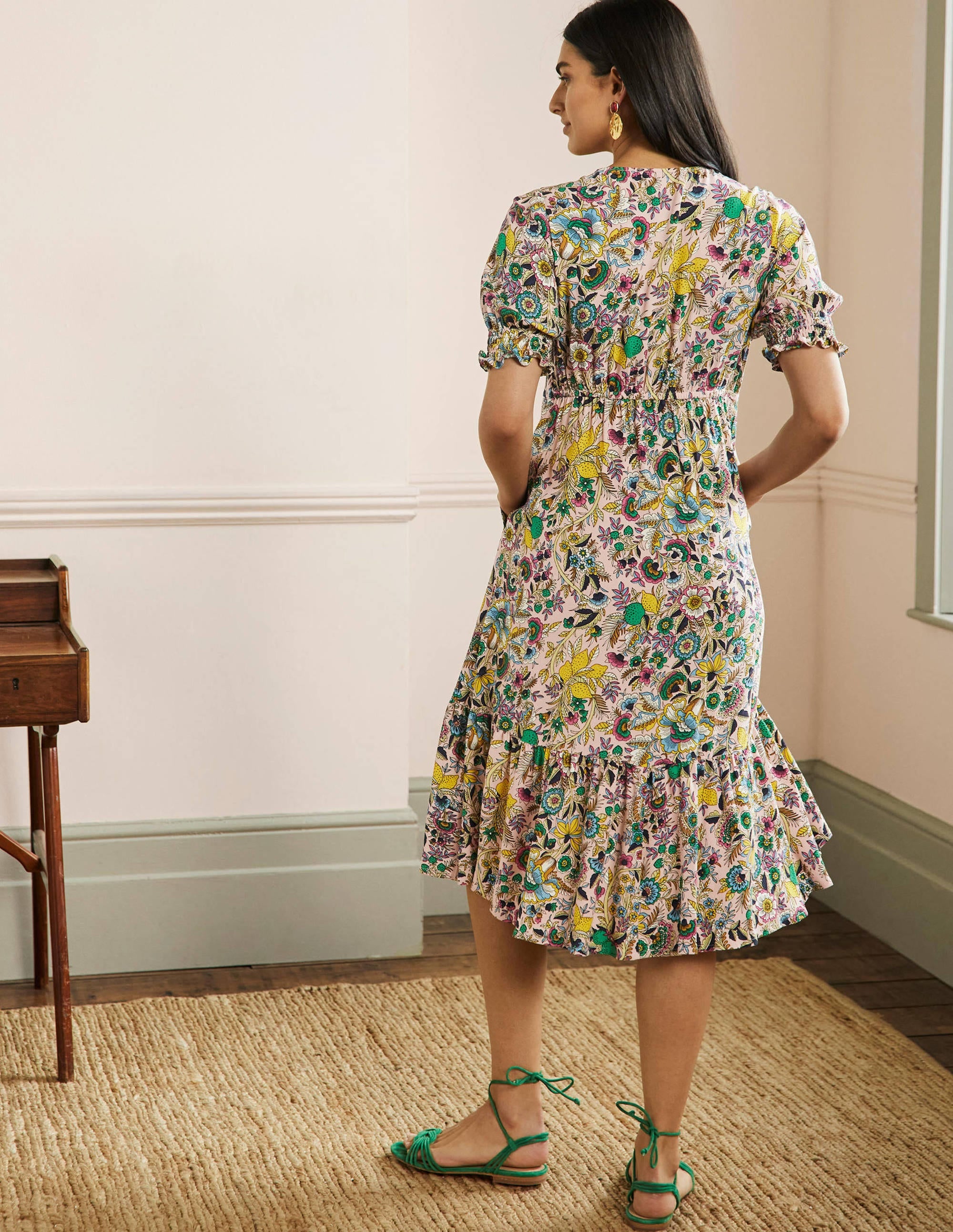 V-Neck Midi Tea Dress-Milkshake, Tropic Meadow - Image 3