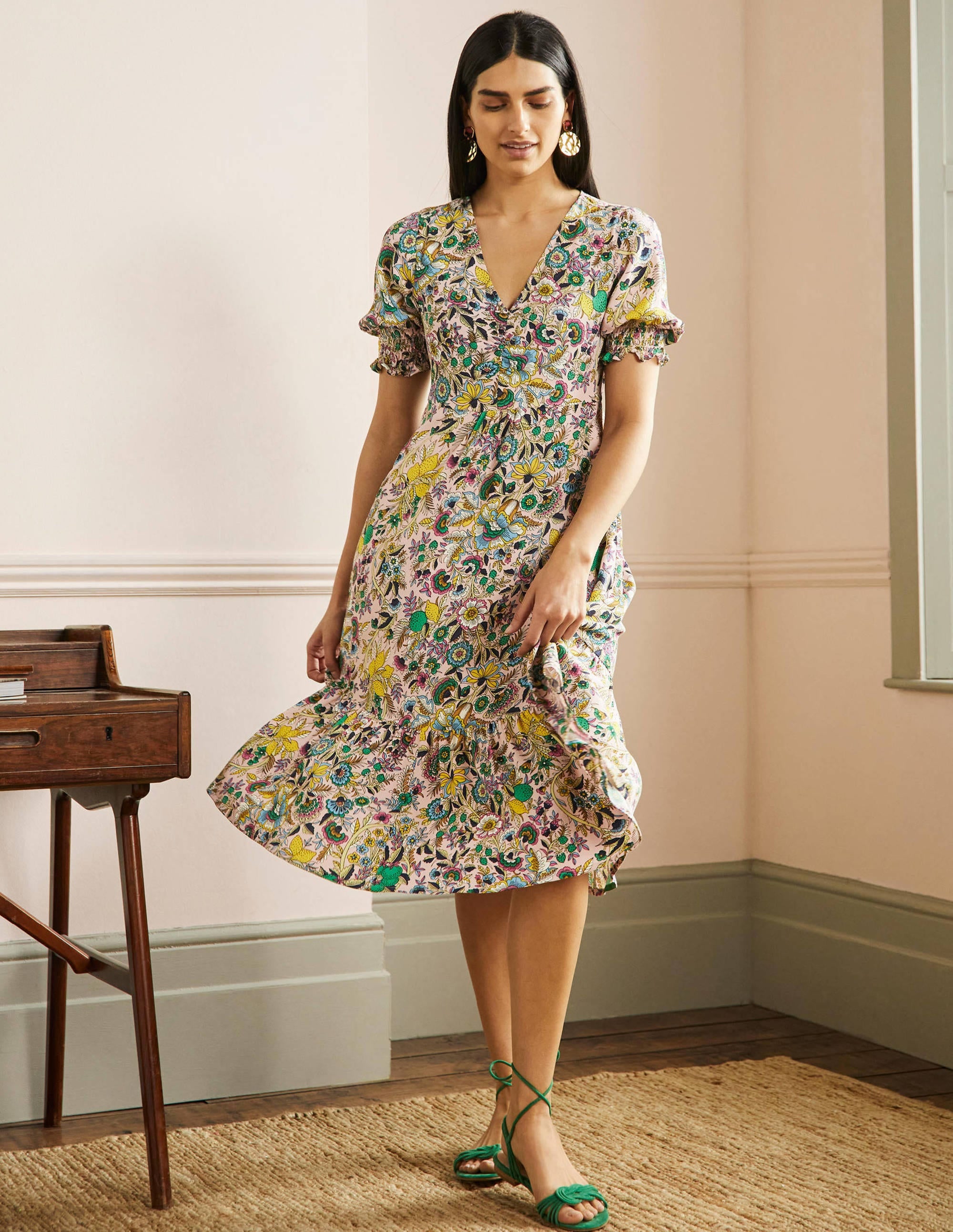 V-Neck Midi Tea Dress-Milkshake, Tropic Meadow - Image 4