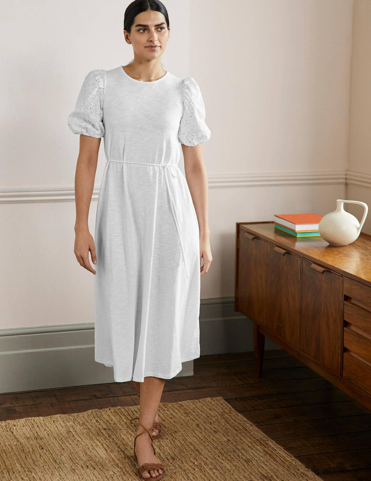 Broderie Mix Jersey Midi Dress-White-1