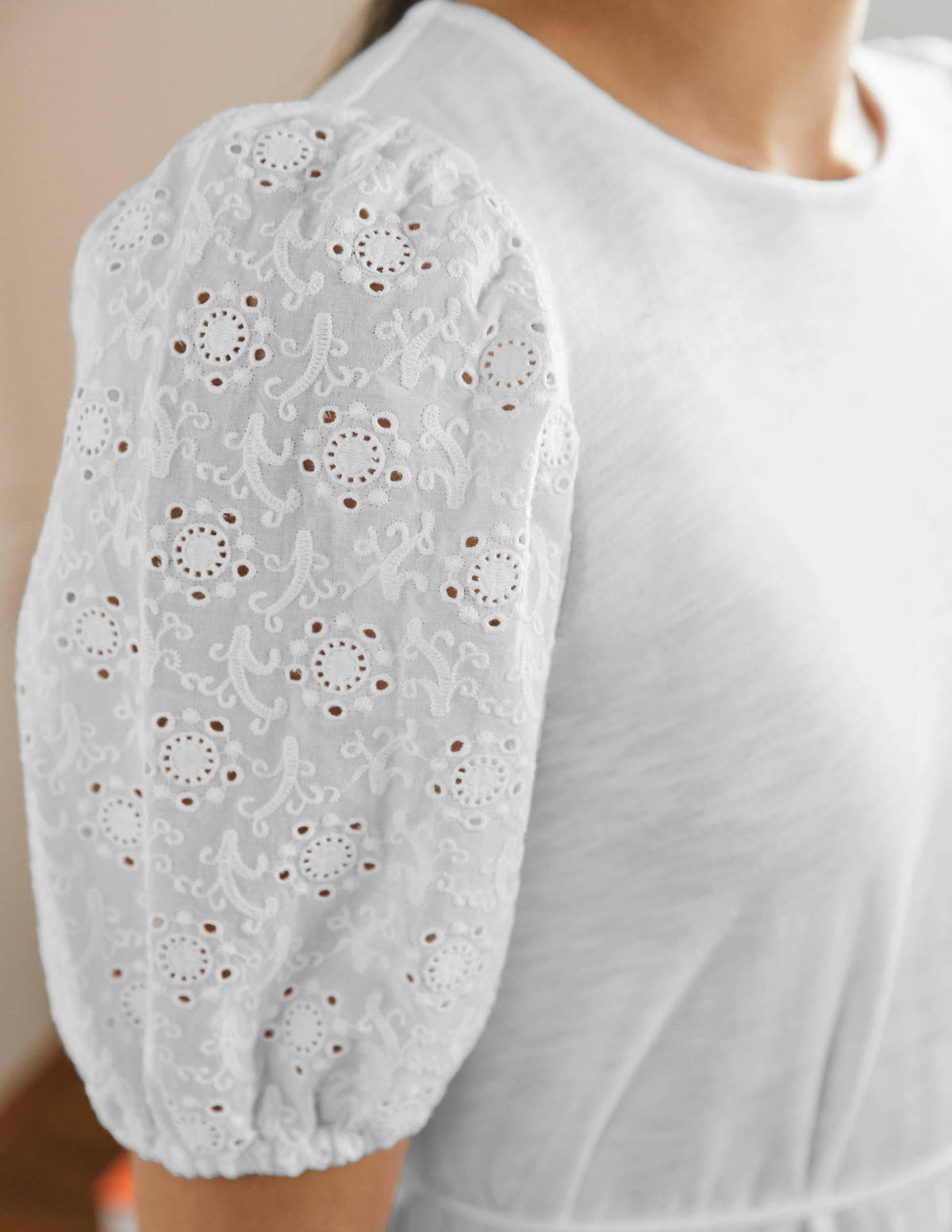 Broderie Mix Jersey Midi Dress-White-2