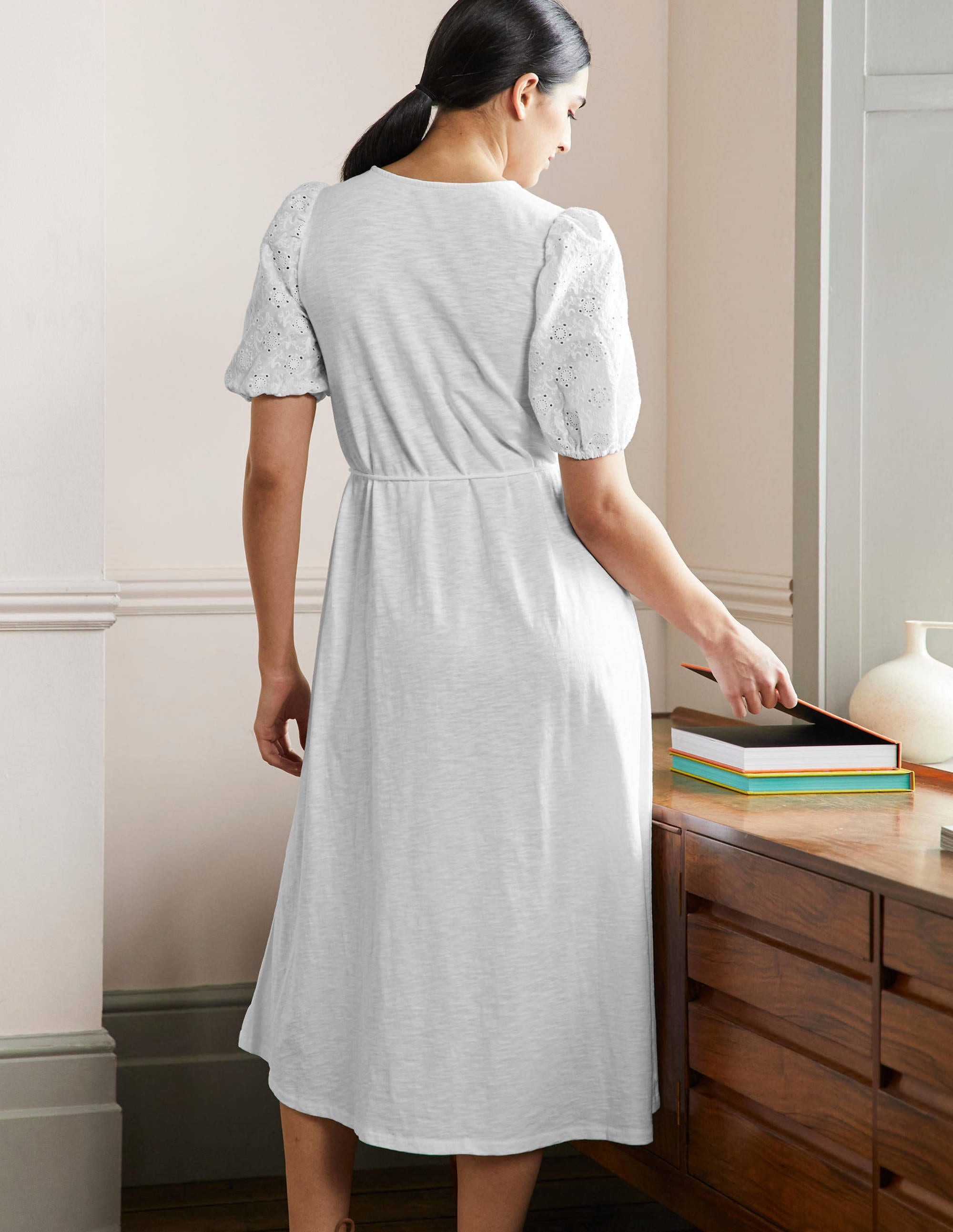 Broderie Mix Jersey Midi Dress-White - Image 3