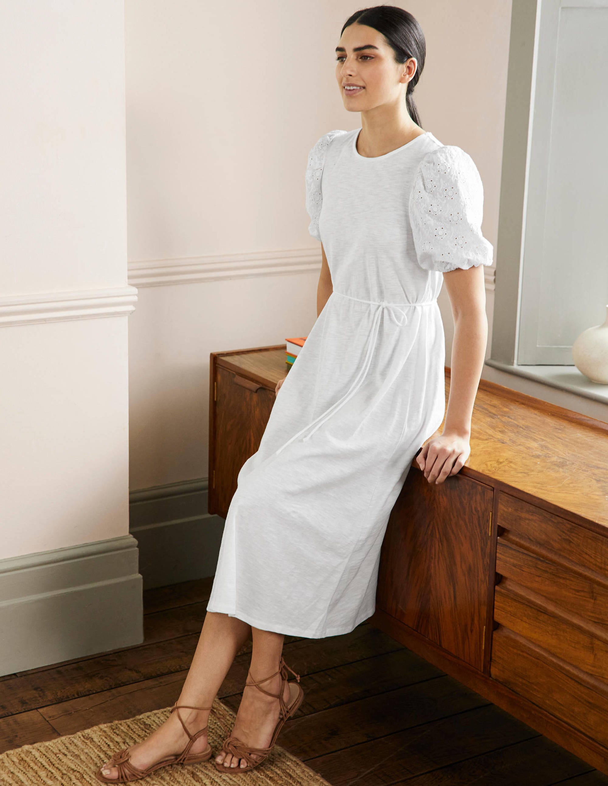 Broderie Mix Jersey Midi Dress-White - Image 4