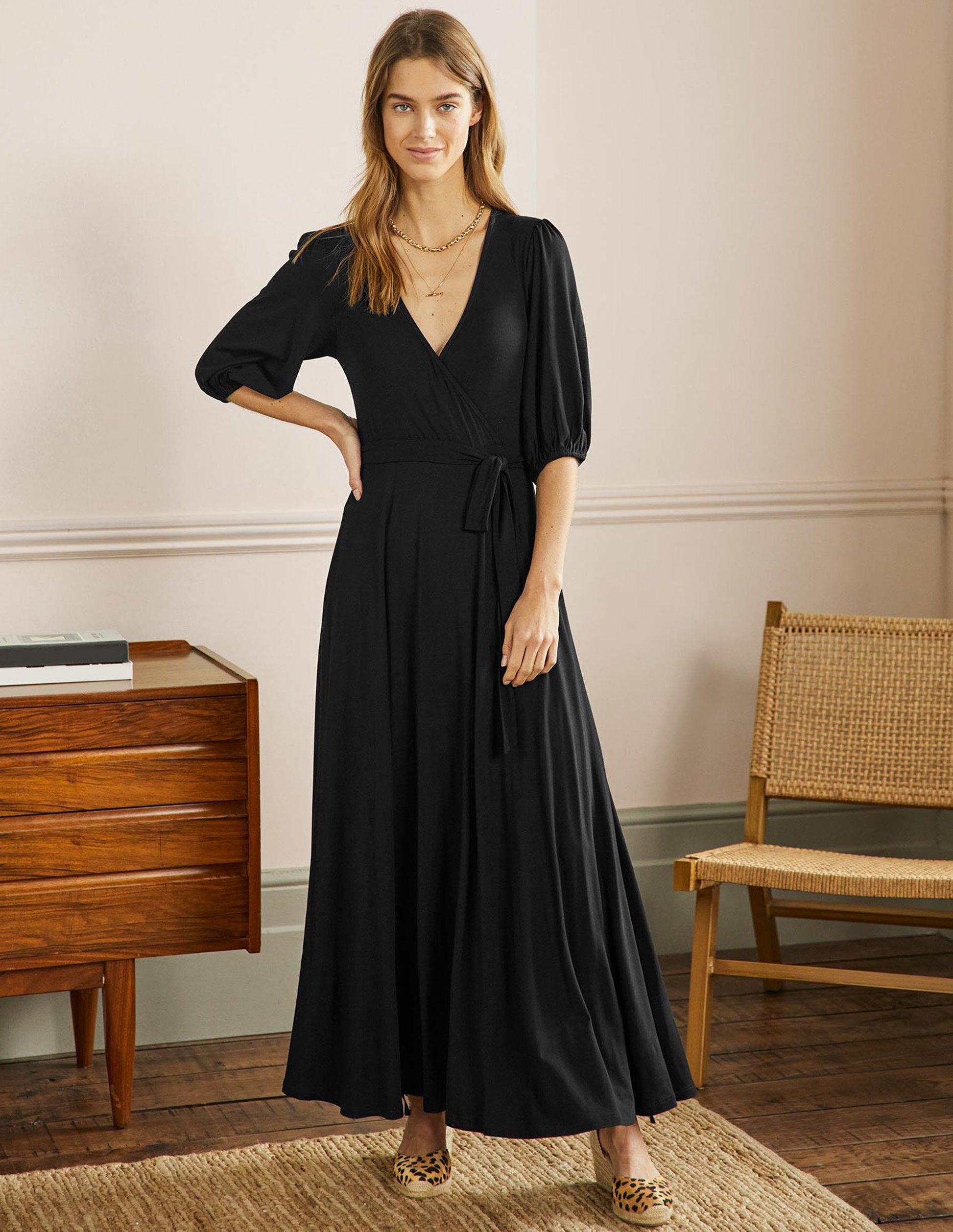 Fixed Wrap Jersey Maxi Dress-Black-1