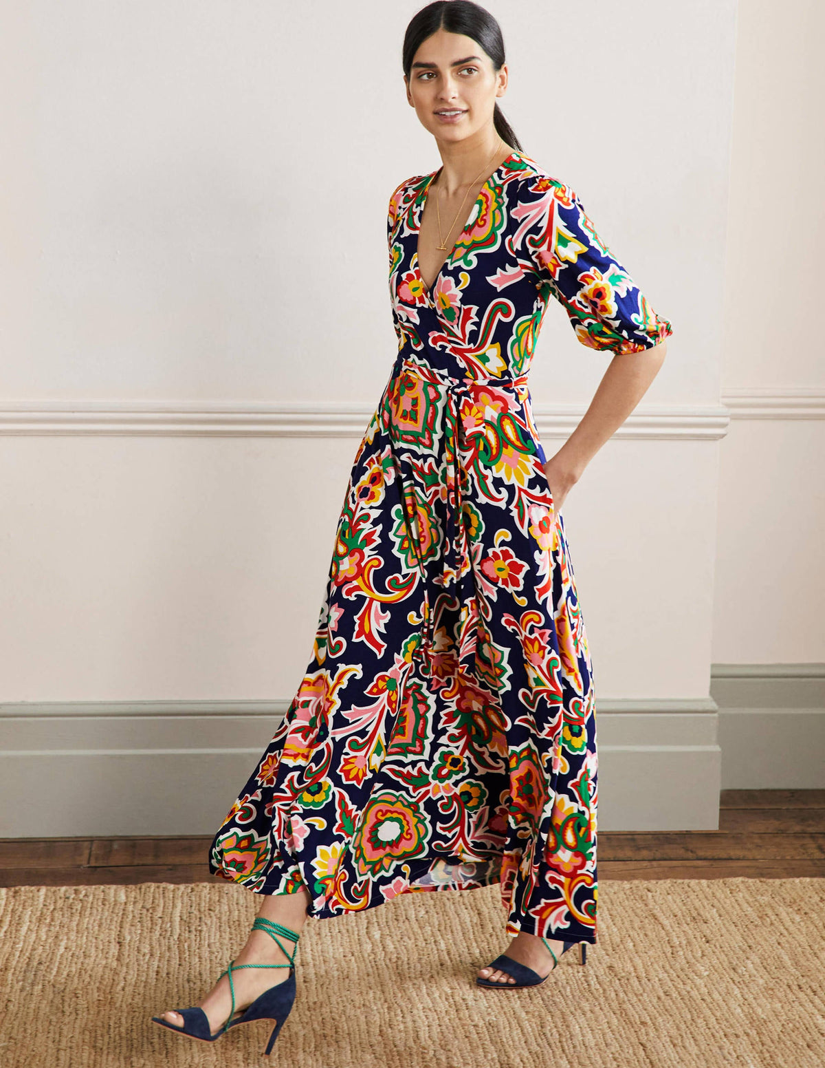 Fixed Wrap Jersey Maxi Dress-Midnight Ocean, Blooms - Image 1