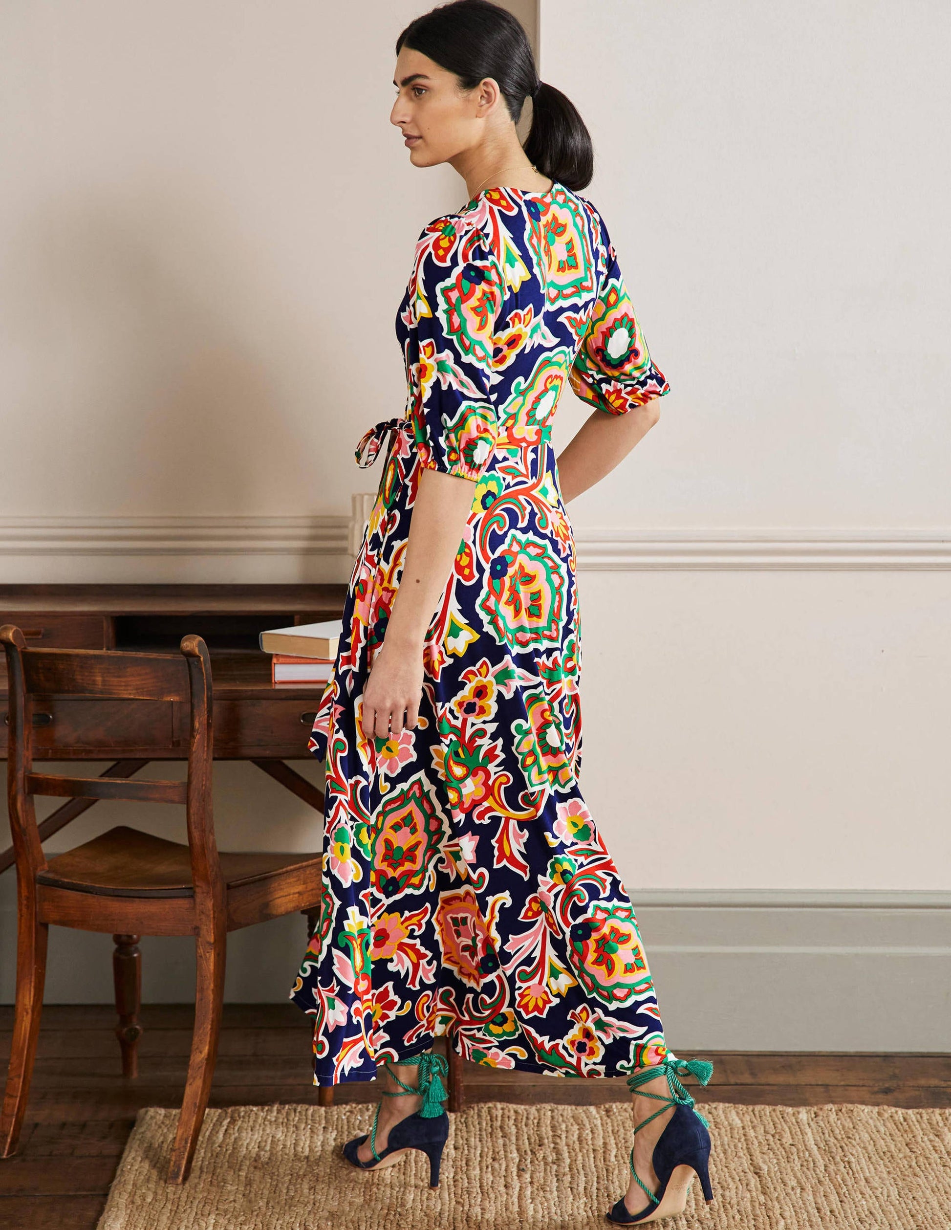 Fixed Wrap Jersey Maxi Dress-Midnight Ocean, Blooms-3