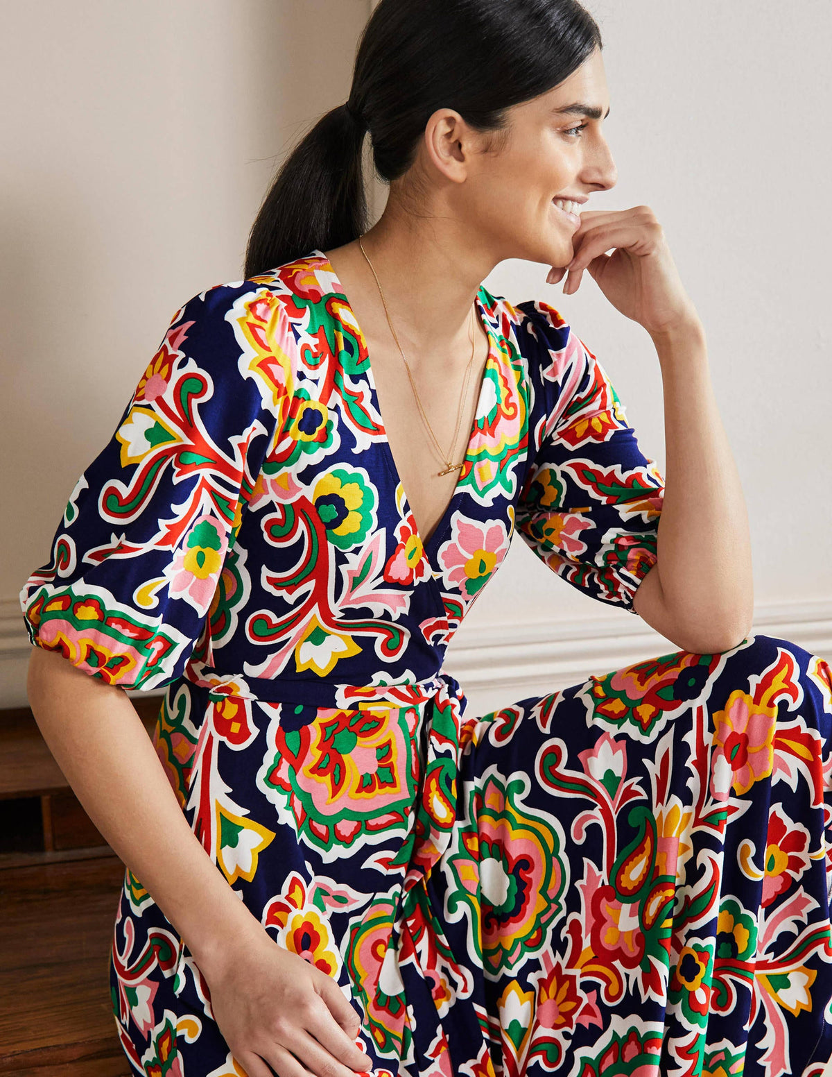 Fixed Wrap Jersey Maxi Dress-Midnight Ocean, Blooms - Image 4