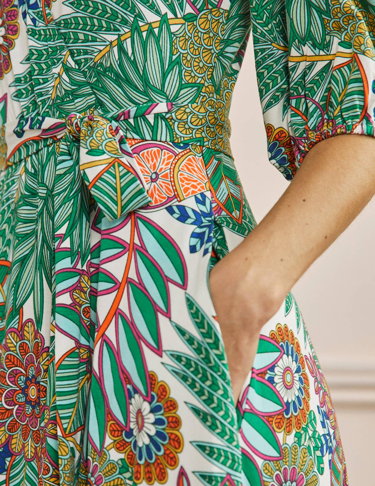 Fixed Wrap Jersey Maxi Dress-Green, Pineapple Bloom - Image 2