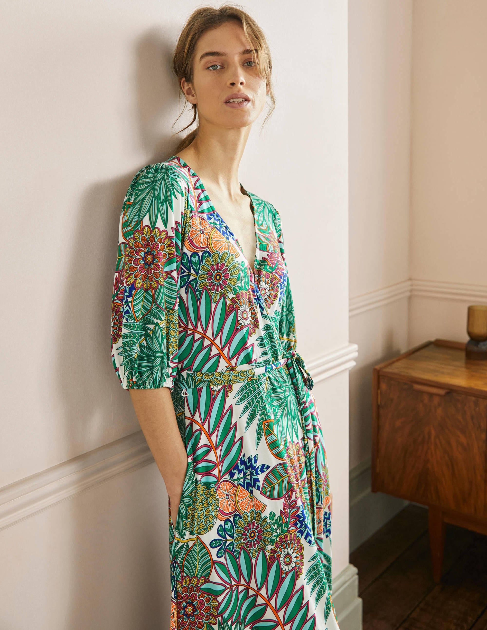 Fixed Wrap Jersey Maxi Dress-Green, Pineapple Bloom - Image 4