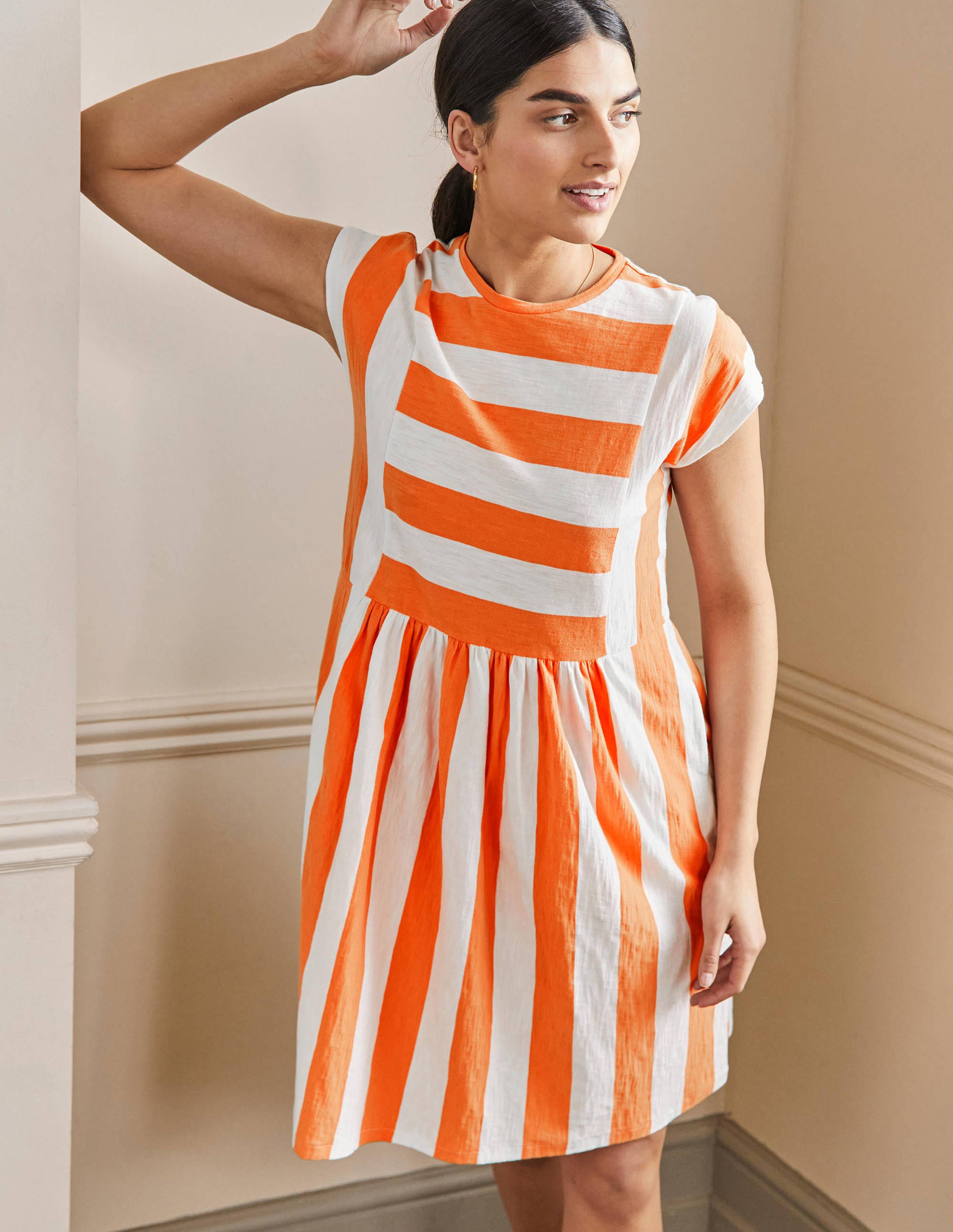 Jersey T-Shirt Dress-Dusty Orange and Ivory Stripe - Image 1