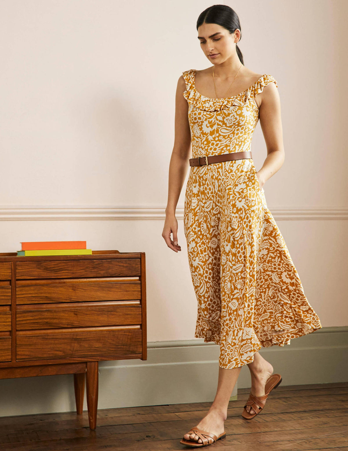 Ruffle Neck Jersey Midi Dress-Brioche, Oriental Paradise-1