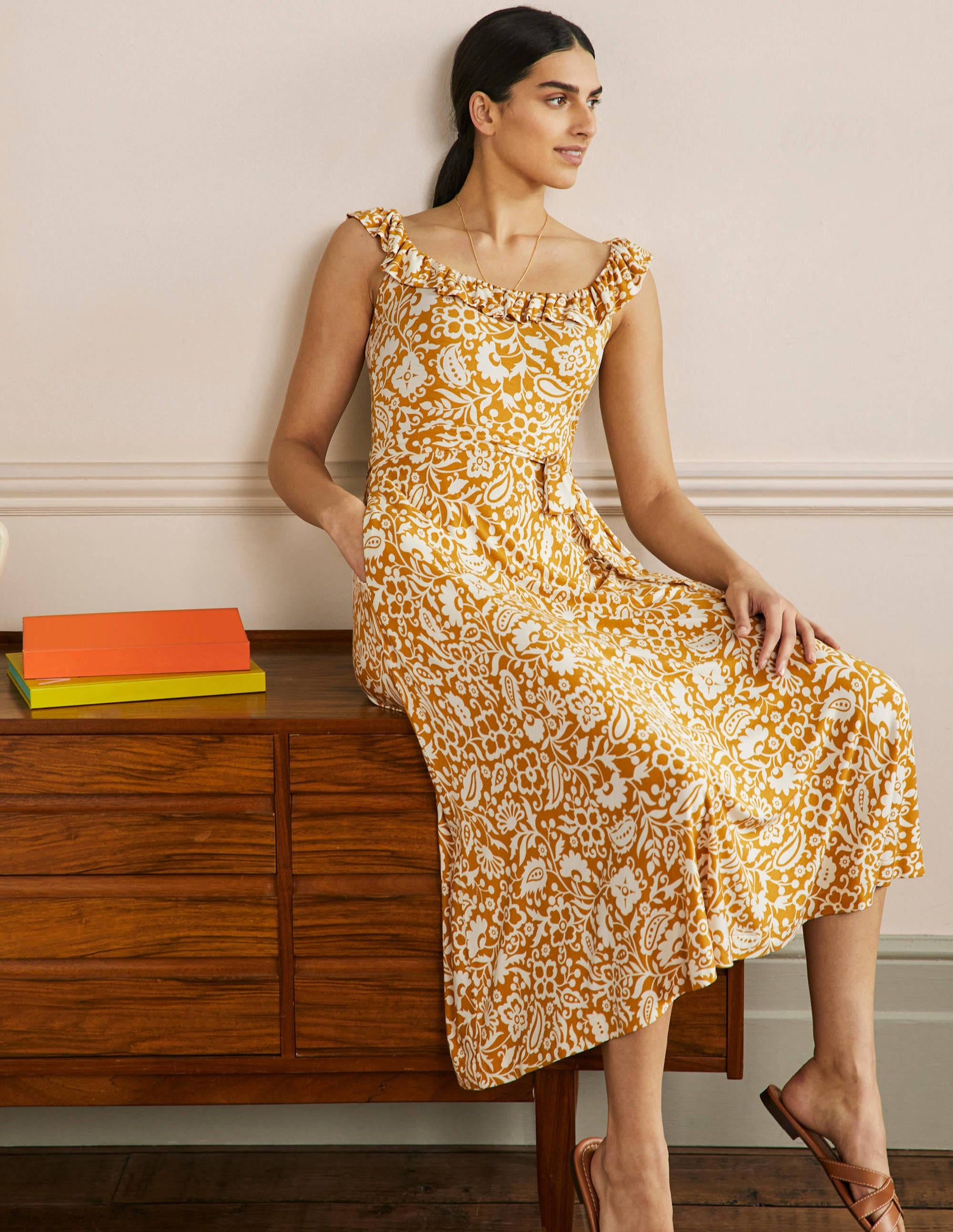 Ruffle Neck Jersey Midi Dress-Brioche, Oriental Paradise - Image 4