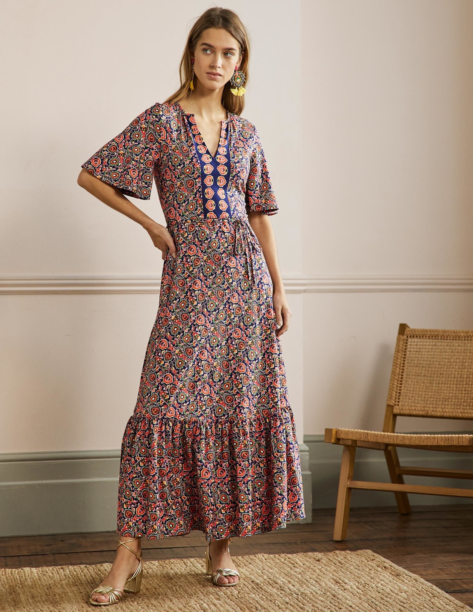 Notch Neck Jersey Maxi Dress-Midnight, Decorative Bloom - Image 1