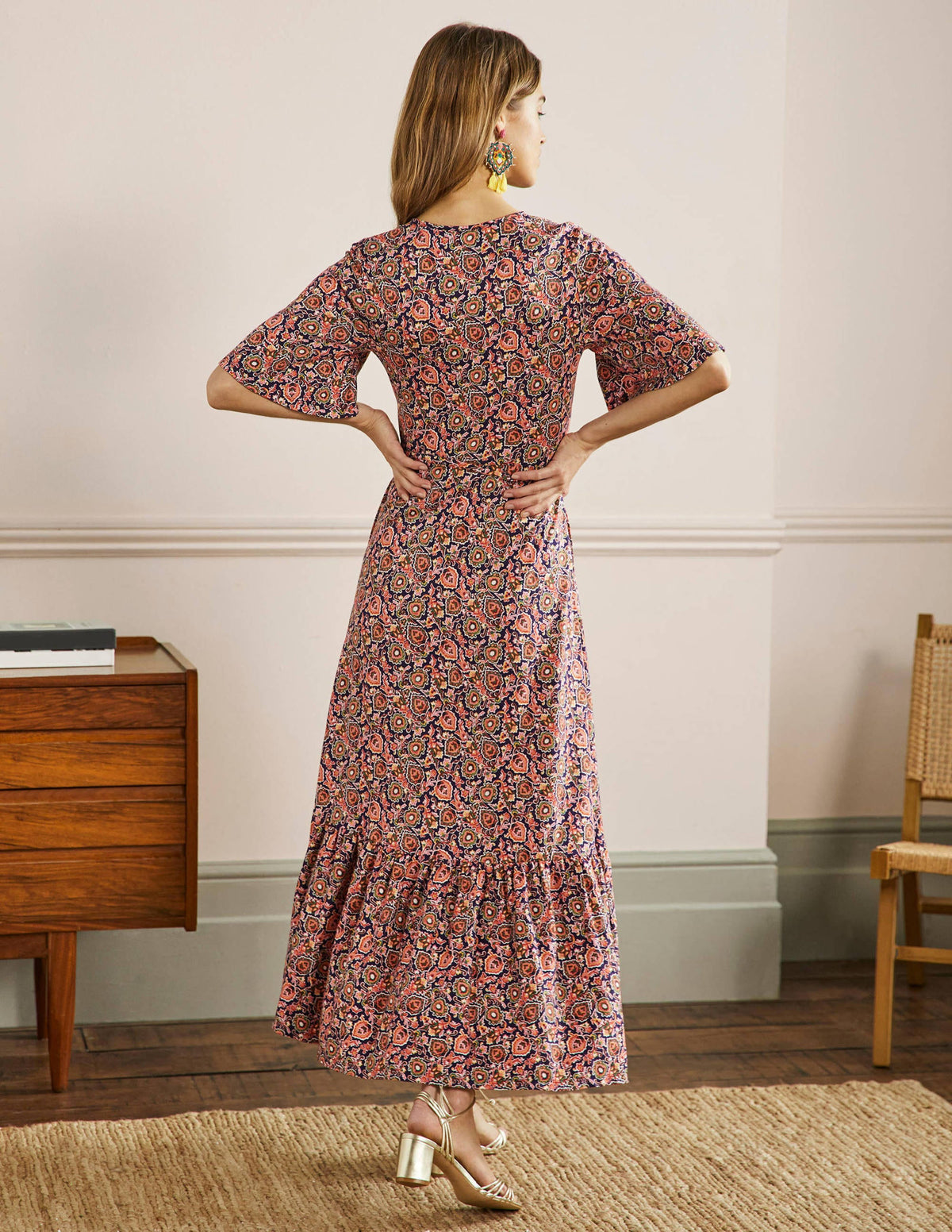 Notch Neck Jersey Maxi Dress-Midnight, Decorative Bloom - Image 3