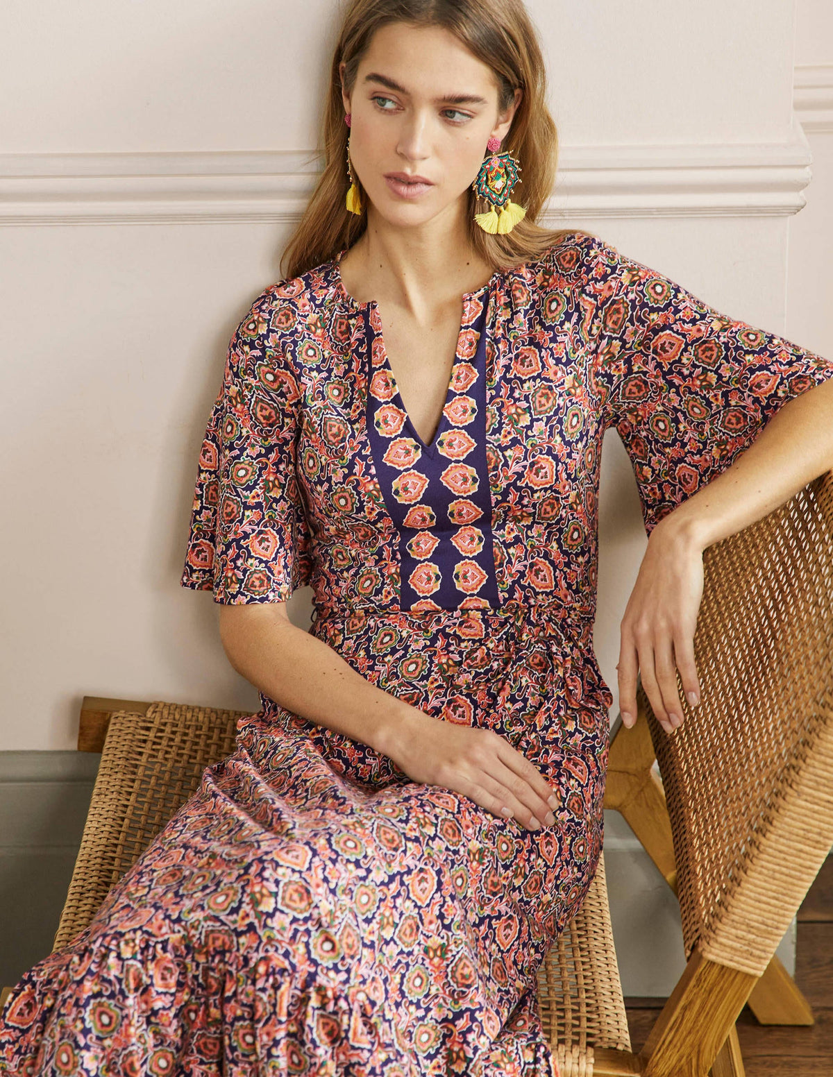 Notch Neck Jersey Maxi Dress-Midnight, Decorative Bloom-4