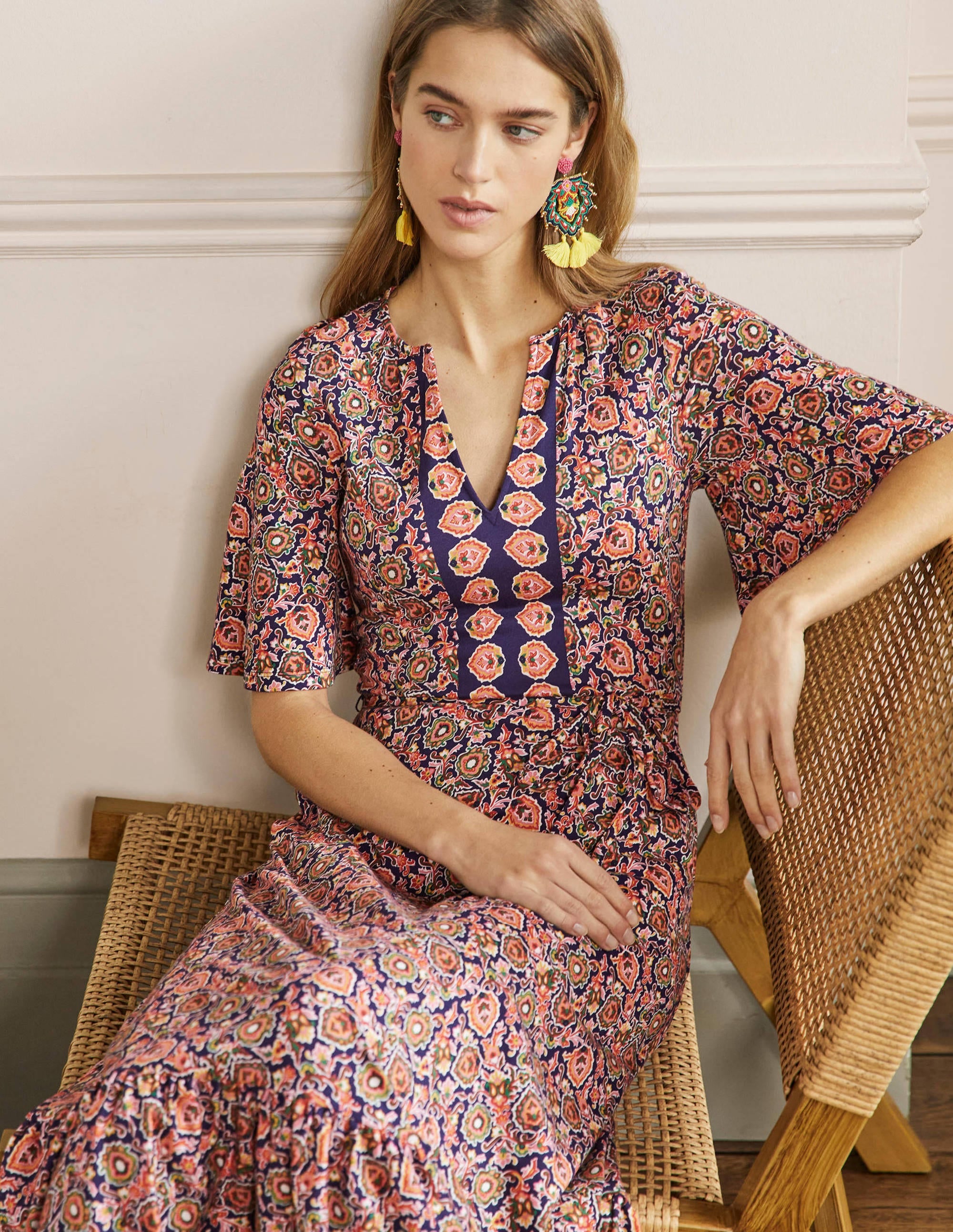 Notch Neck Jersey Maxi Dress-Midnight, Decorative Bloom - Image 4