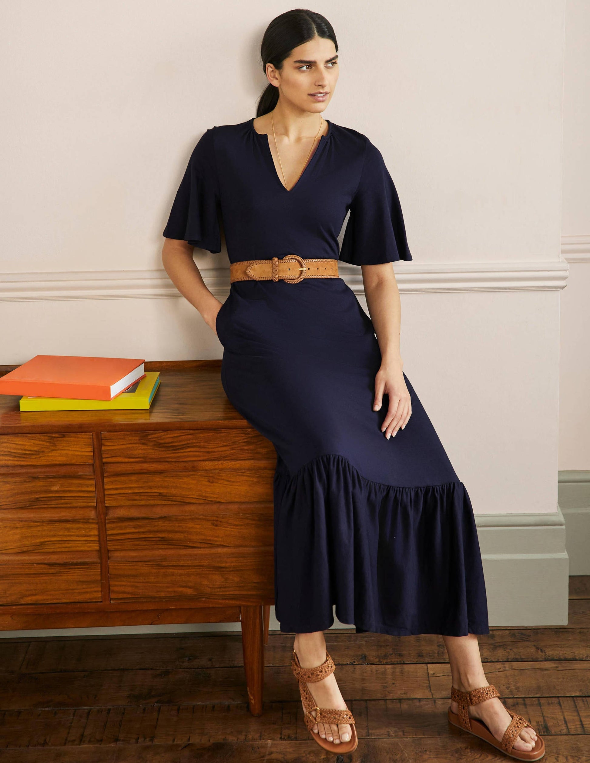 Notch Neck Jersey Maxi Dress-Navy-5