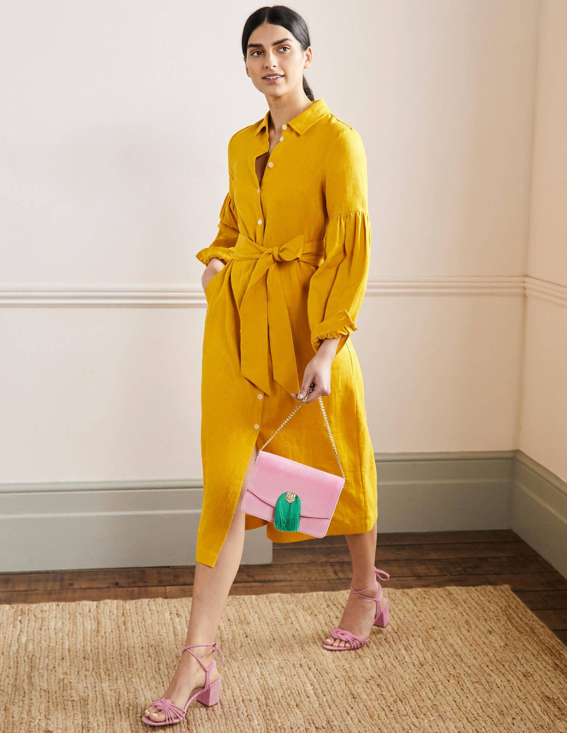 Sleeve Detail Midi Shirt Dress-Honeycomb-4