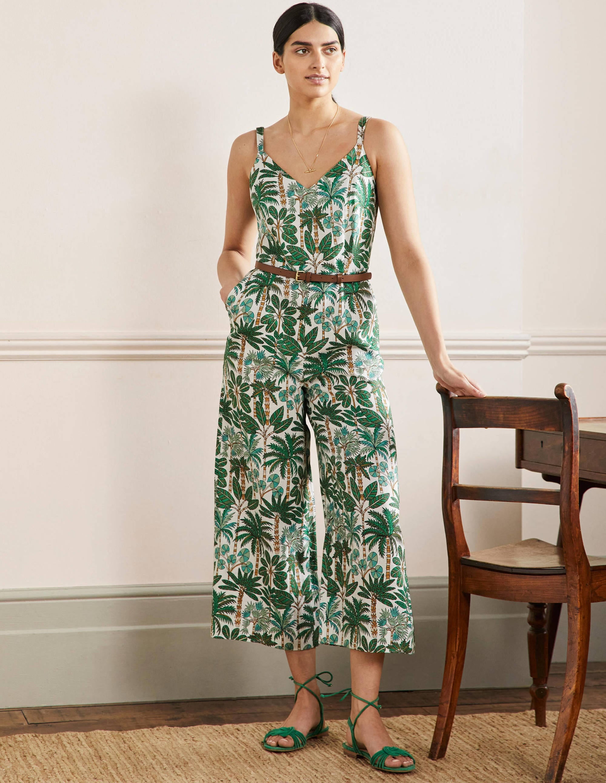 Lola Strappy Linen Jumpsuit-Ivory, Palm Forest - Image 1