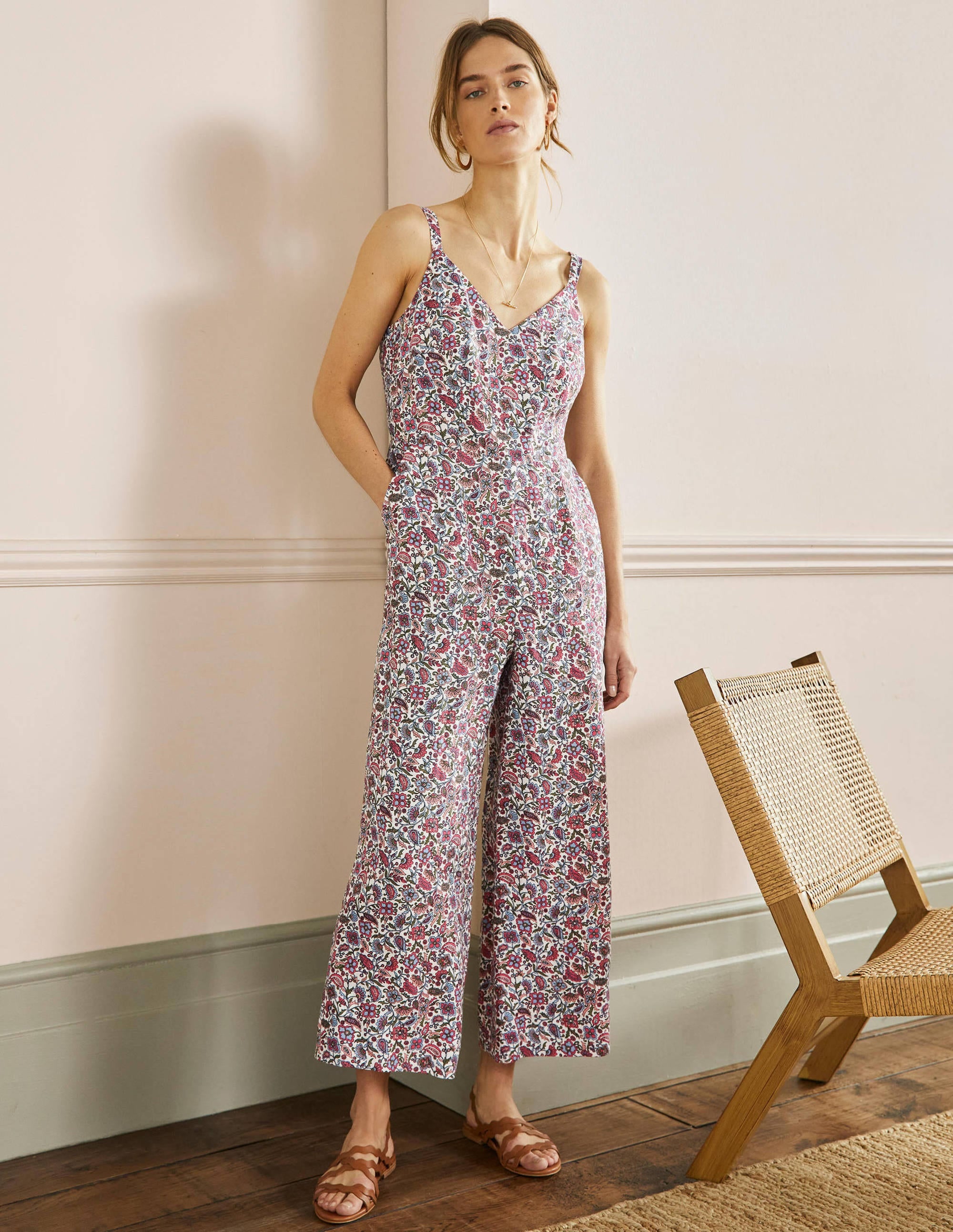Lola Strappy Linen Jumpsuit-Radish, Oriental Paradise - Image 1