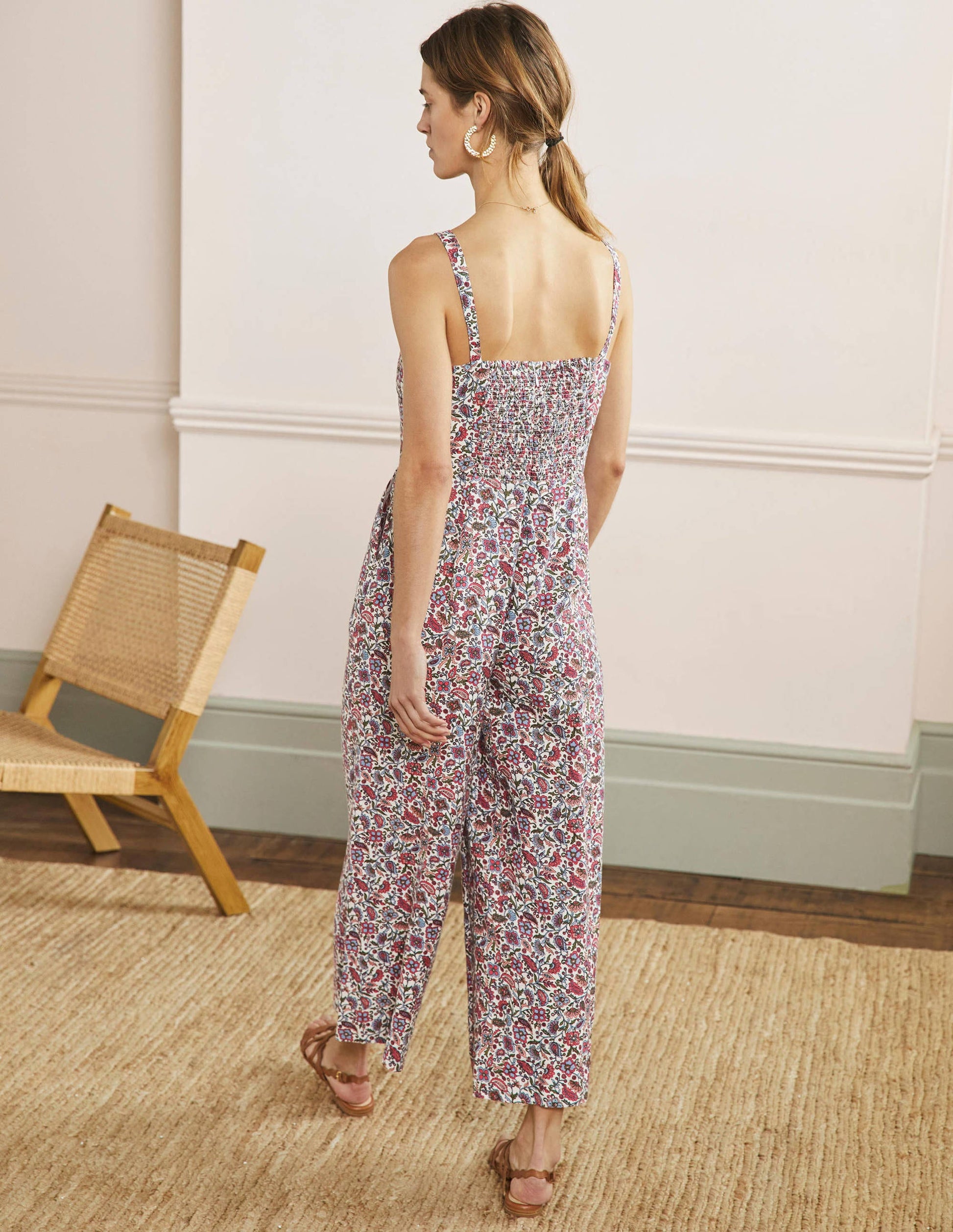 Lola Strappy Linen Jumpsuit-Radish, Oriental Paradise-3