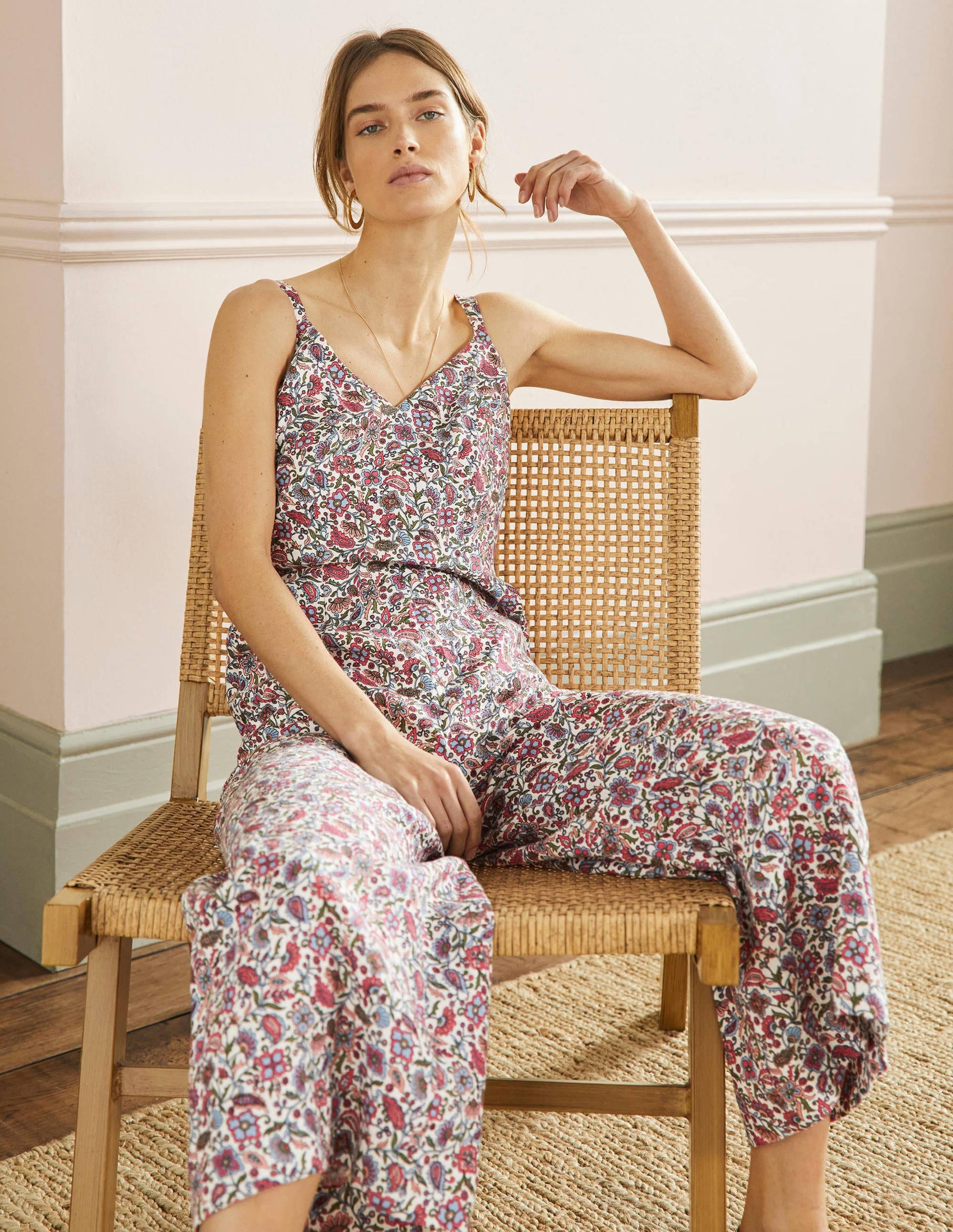 Lola Strappy Linen Jumpsuit-Radish, Oriental Paradise-4