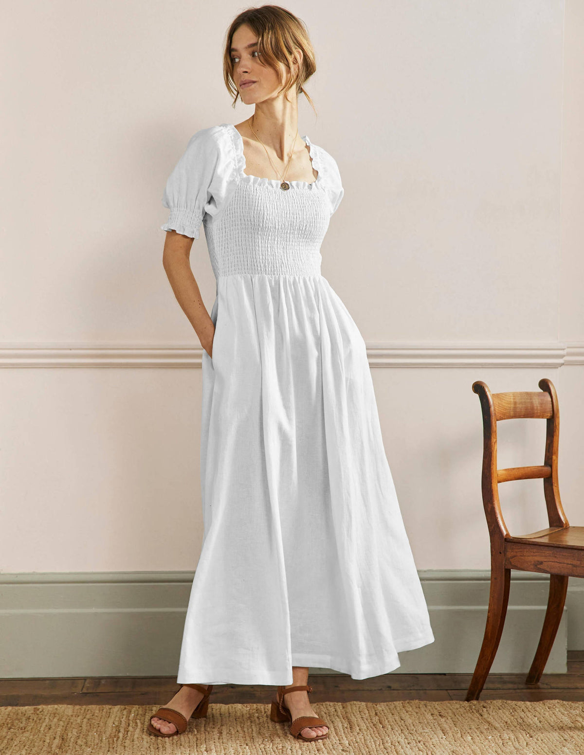 Smocked Bodice Midi Dress-White - Image 1