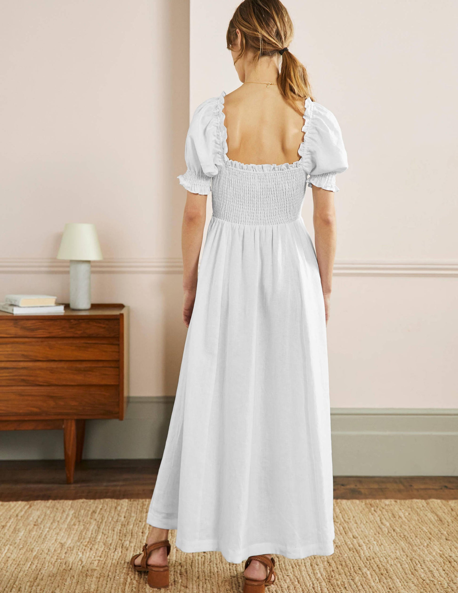 Smocked Bodice Midi Dress-White-3