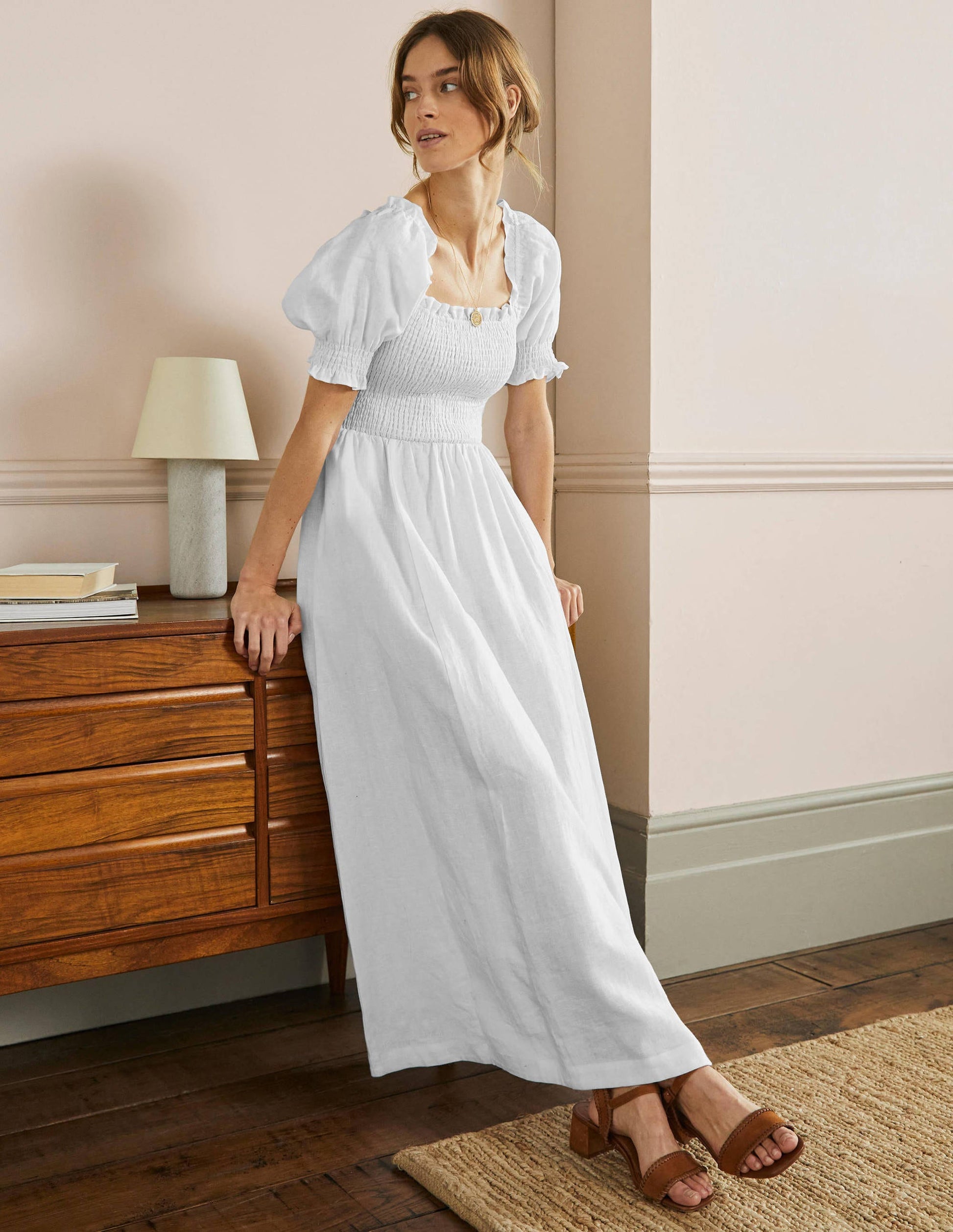 Smocked Bodice Midi Dress-White-4