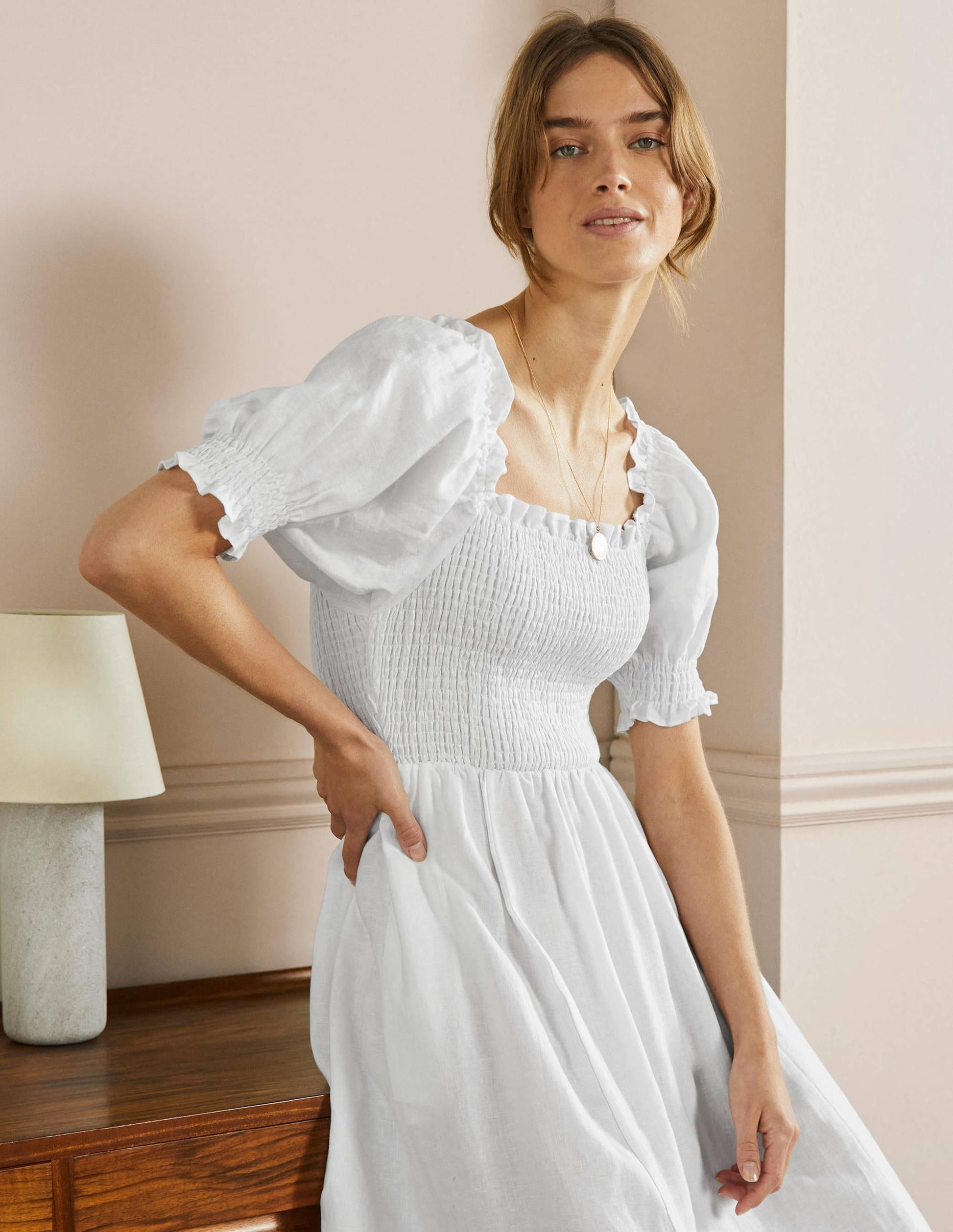 Smocked Bodice Midi Dress-White-5